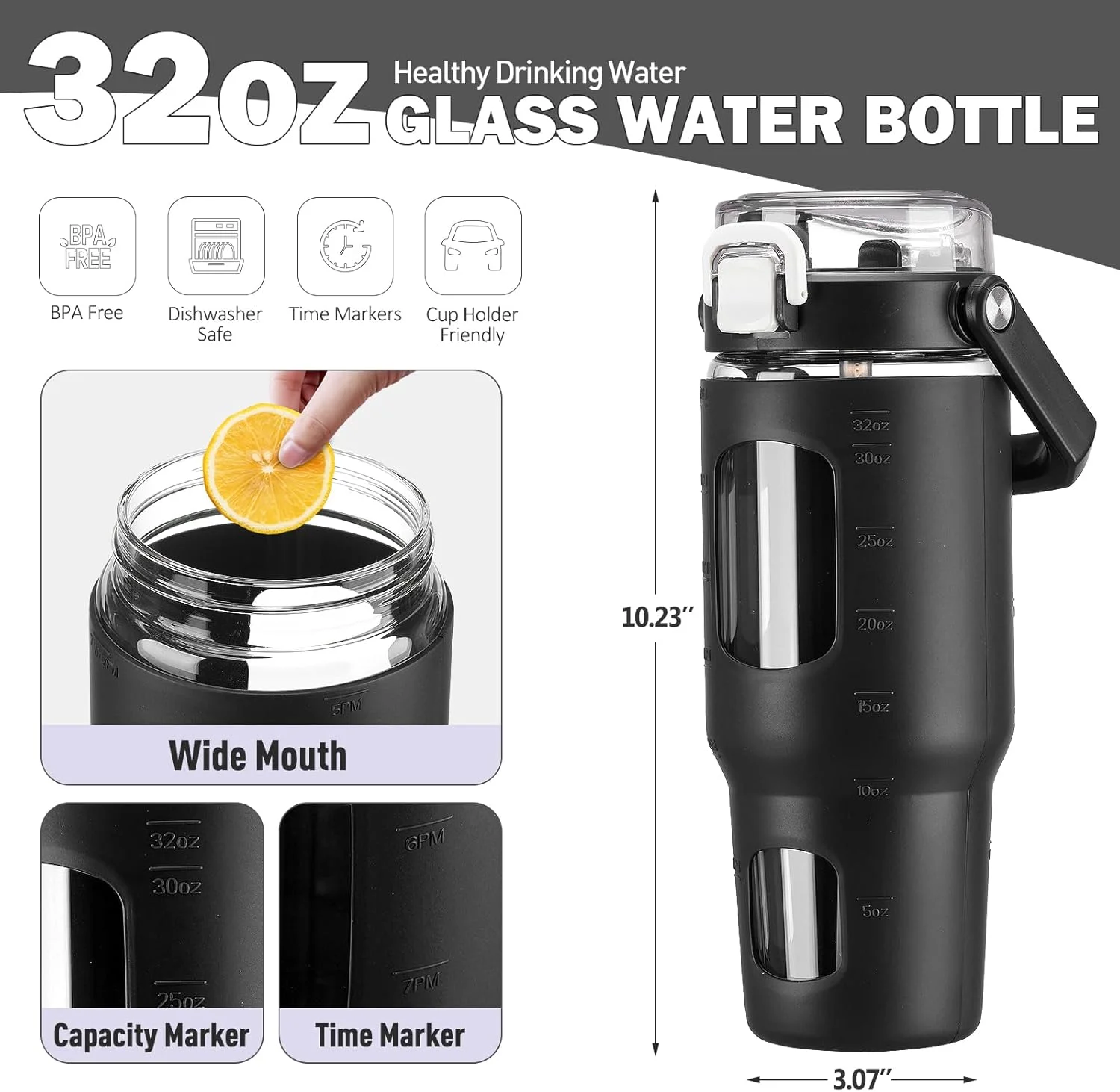 بطری آب شیشه ای BLUEGO با دسته و نی، بطری شیشه ای ورزشی ضد نشت با نشانگر زمان و روکش سیلیکونی، بطری نوشیدنی شیشه ای برای مسافرت، باشگاه، تمرین، مشکی بطری آب شیشه ای BLUEGO با دسته و نی، بطری شیشه ای ورزشی ضد نشت با نشانگر زمان و روکش سیلیکونی، بطری نوشیدنی شیشه ای برای مسافرت، باشگاه، تمرین، مشکی