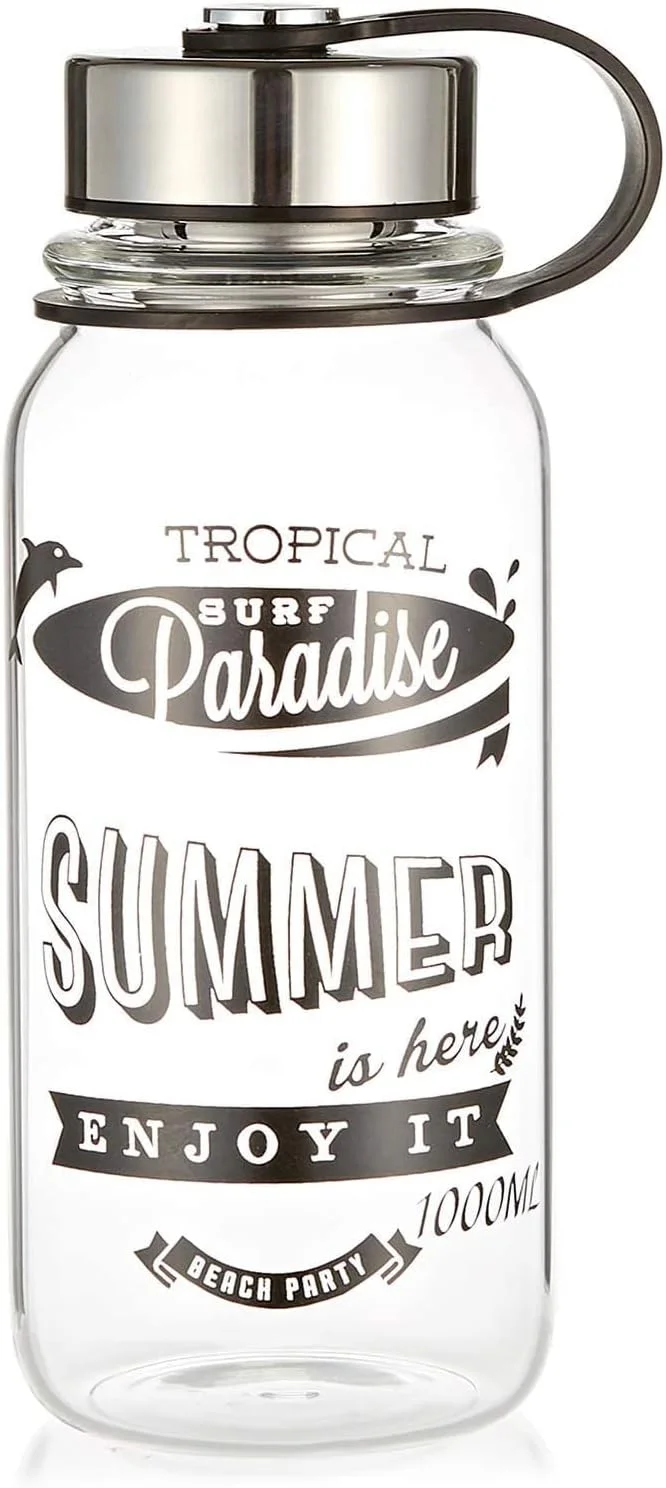 بطری آب شیشه ای بوروسیلیکات N|C به همراه درب و روکش محافظ (مشکی/شفاف، 1000 میلی لیتر)