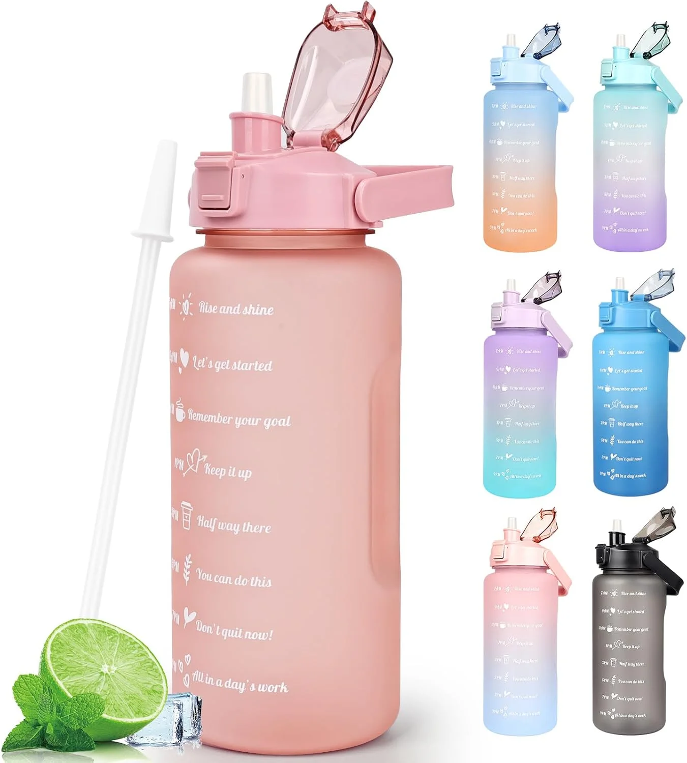 بطری آب 2 لیتری بدون BPA، قمقمه ورزشی با نشانگر زمان و درب قفل‌دار، بطری آب 2 لیتری ضد نشت با دسته قابل حمل، بطری آب بنفش