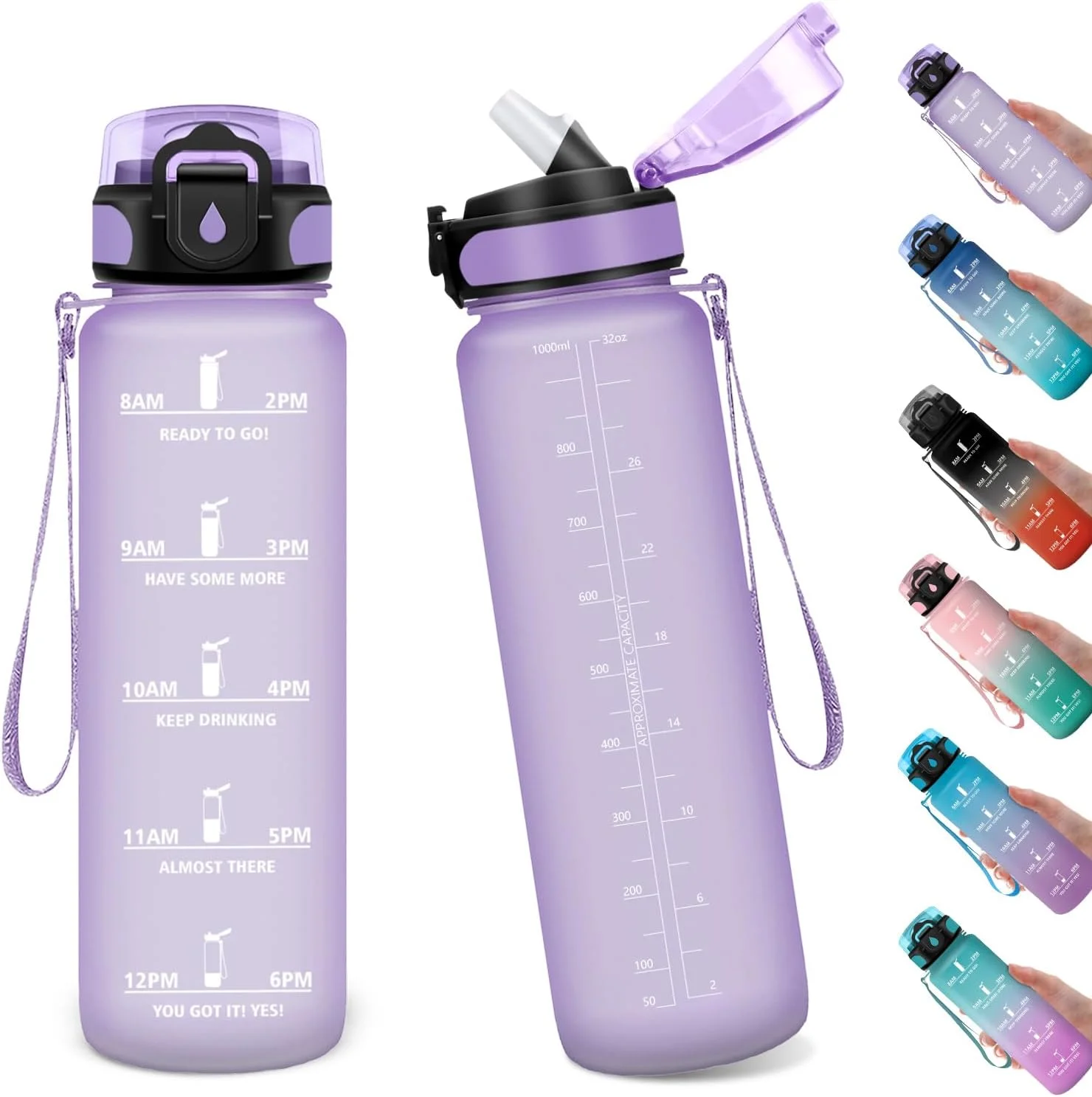 بطری آب ورزشی 1 لیتری، ضد نشت، با نشانگر زمان، دارای نی، مناسب برای نوشیدنی های گازدار، بطری ورزشی برای باشگاه، فضای باز، مدرسه، نوشیدنی