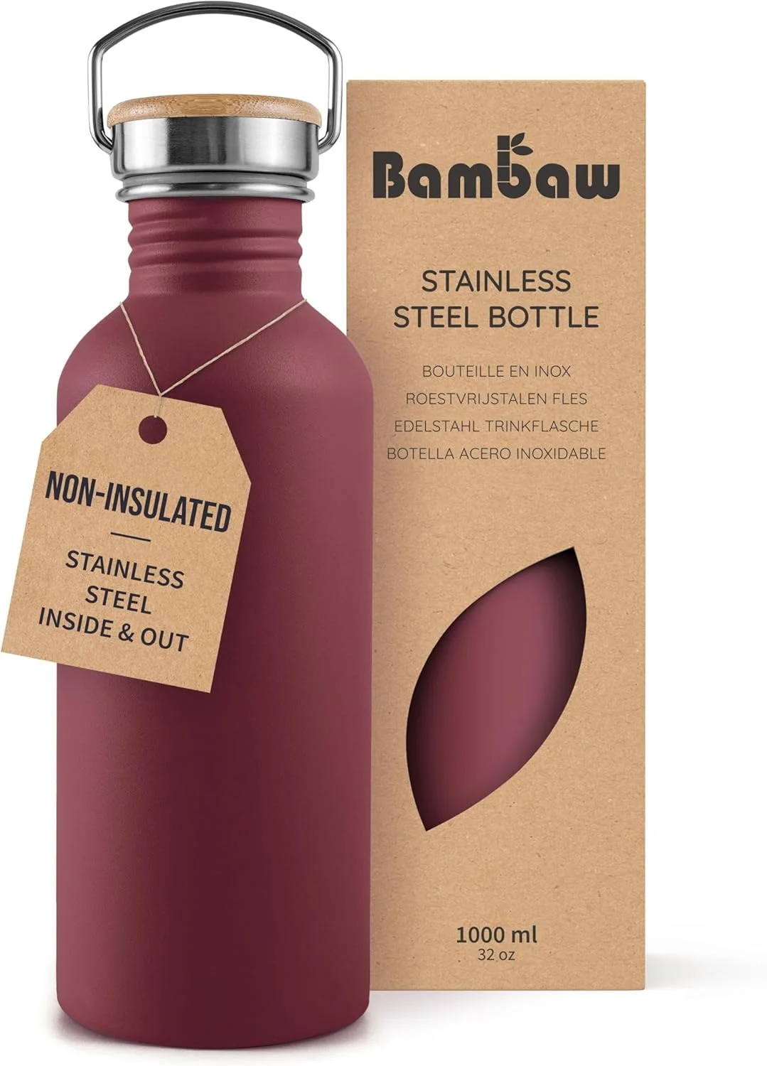 بطری آب استیل بامبو، 1 لیتری، بطری آب غیر عایق، قرمز بزرگ، بطری آب 1 لیتری قابل شستشو در ماشین ظرفشویی - قرمز گیلاسی