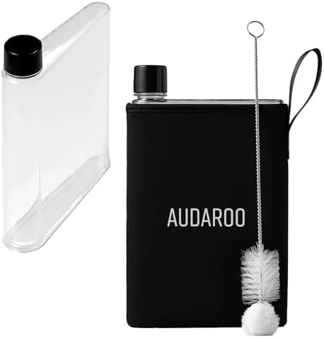 بطری آب تخت برای کیف دستی (420 میلی لیتر) - بطری آب تخت برای مسافرت به همراه آستین نئوپرن مشکی و برس تمیز کننده - قمقمه پلاستیکی - بطری آب باریک برای مسافرت - بطری آب کوچک