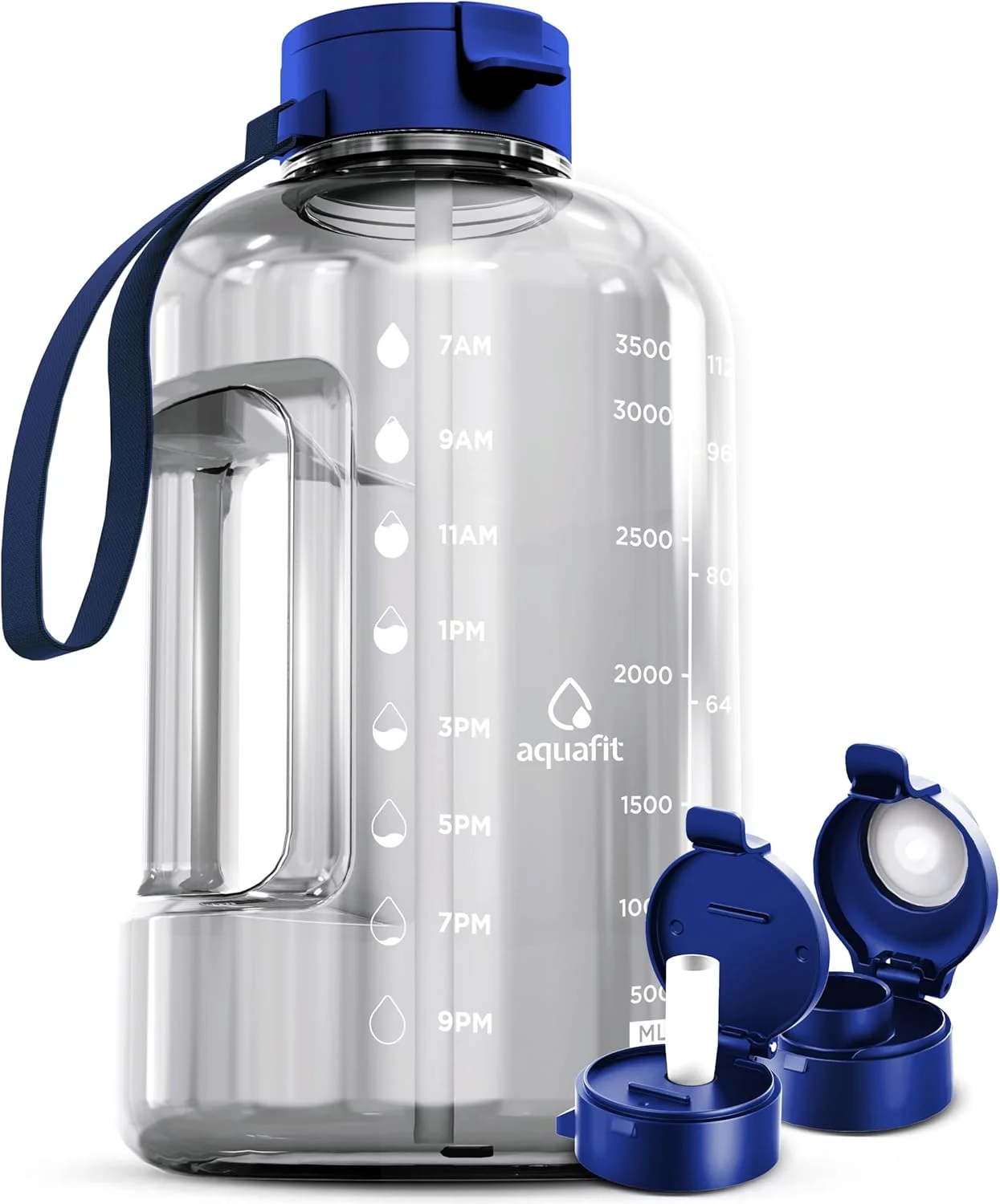 بطری آب آکوافیت یک گالن با نشانگر زمان - نی و درب فشاری - بطری آب باشگاه بدون BPA - قمقمه بزرگ گالن (شفاف، 128 اونس - 2 درب)