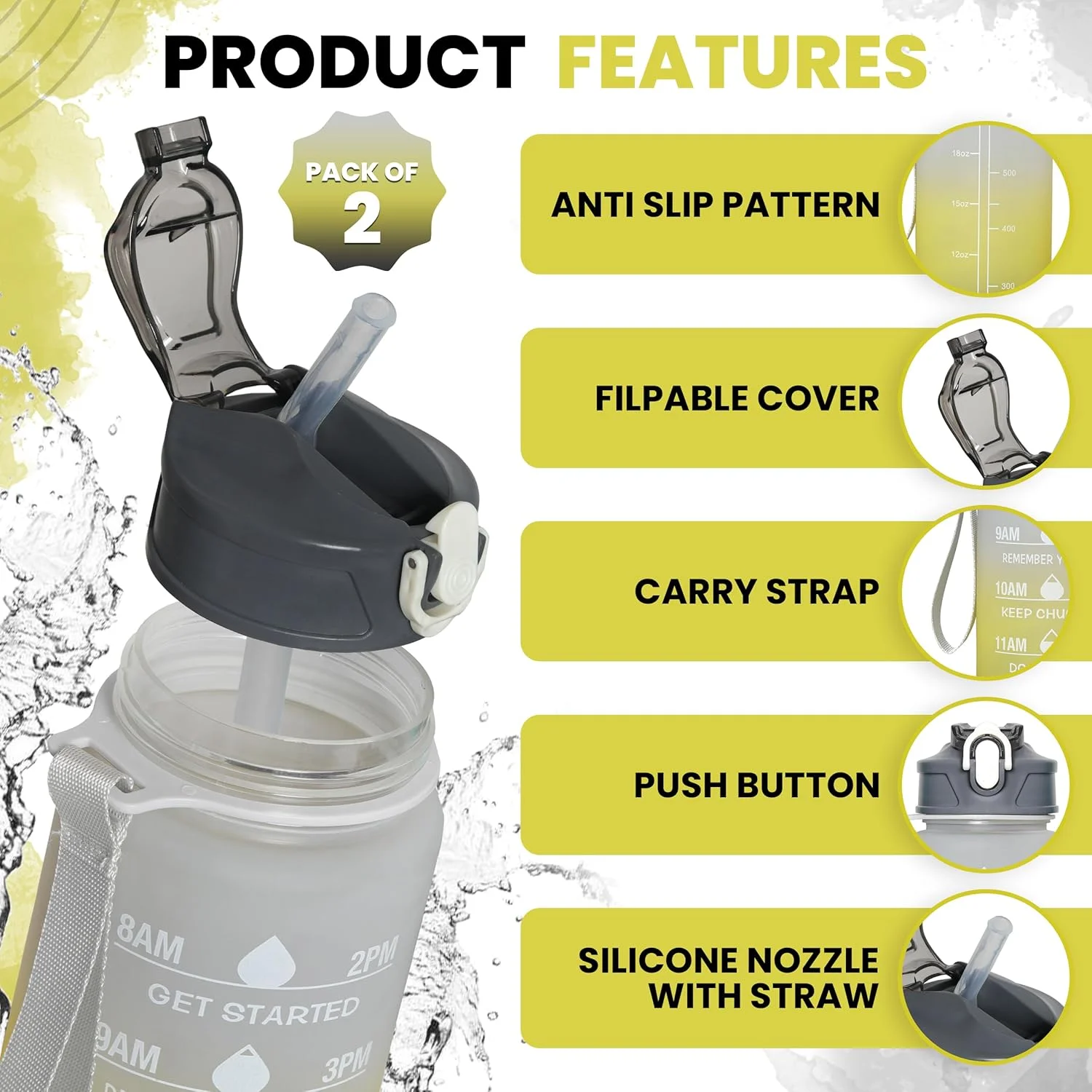 بطری آب (مشکی-زرد/خاکستری، ۷۵۰ میلی لیتر)