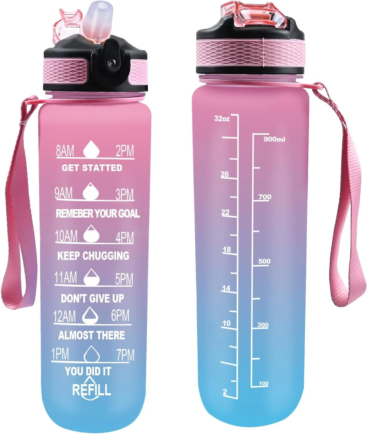 بطری آب 1 لیتری با نی، بطری آب انگیزشی با نشانگر زمان، ضد نشت، بدون BPA، بطری نوشیدنی ورزشی برای تناسب اندام، مدرسه، باشگاه، ورزش های فضای باز (صورتی سبز)