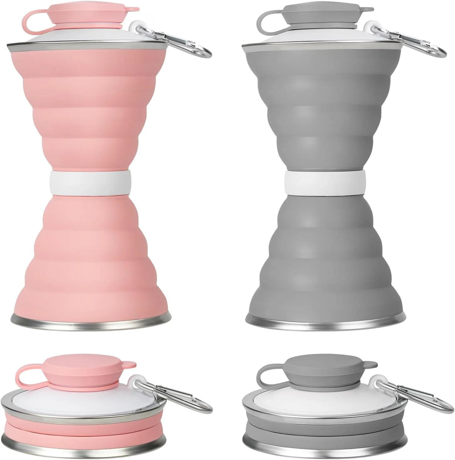 بطری آب تاشو، بطری آب قابل حمل سیلیکونی تاشو، بدون BPA، ضد نشت و قابل استفاده مجدد با کارابین برای مسافرت، کمپینگ، پیاده روی، دوچرخه سواری، ورزش 500 میلی لیتر - 2 عدد (خاکستری + صورتی)