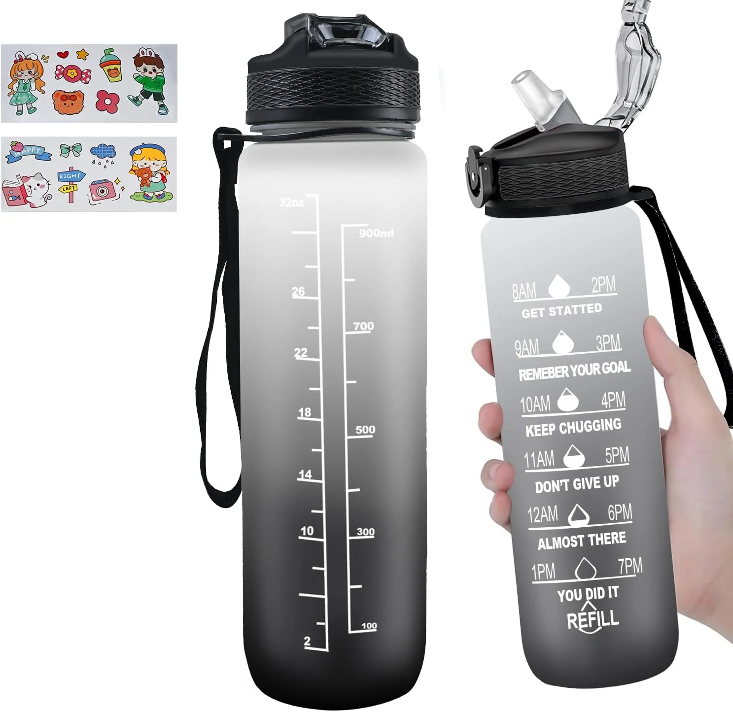 بطری آب 1 لیتری با نی، بطری آب انگیزشی با نشانگر زمان، ضد نشت، بدون BPA، بطری نوشیدنی های ورزشی برای تناسب اندام، مدرسه، باشگاه، ورزش های فضای باز (مشکی+خاکستری)