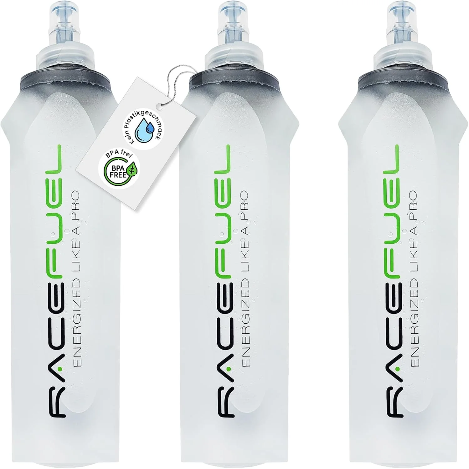 بطری آب تاشو 500 میلی لیتری RaceFuel، قمقمه نرم بدون BPA، با کد QR دستورالعمل ژل انرژی RaceFuel، ایده آل برای دویدن، ماراتن، سه گانه و دوچرخه سواری (3 عدد، 500 میلی لیتر)