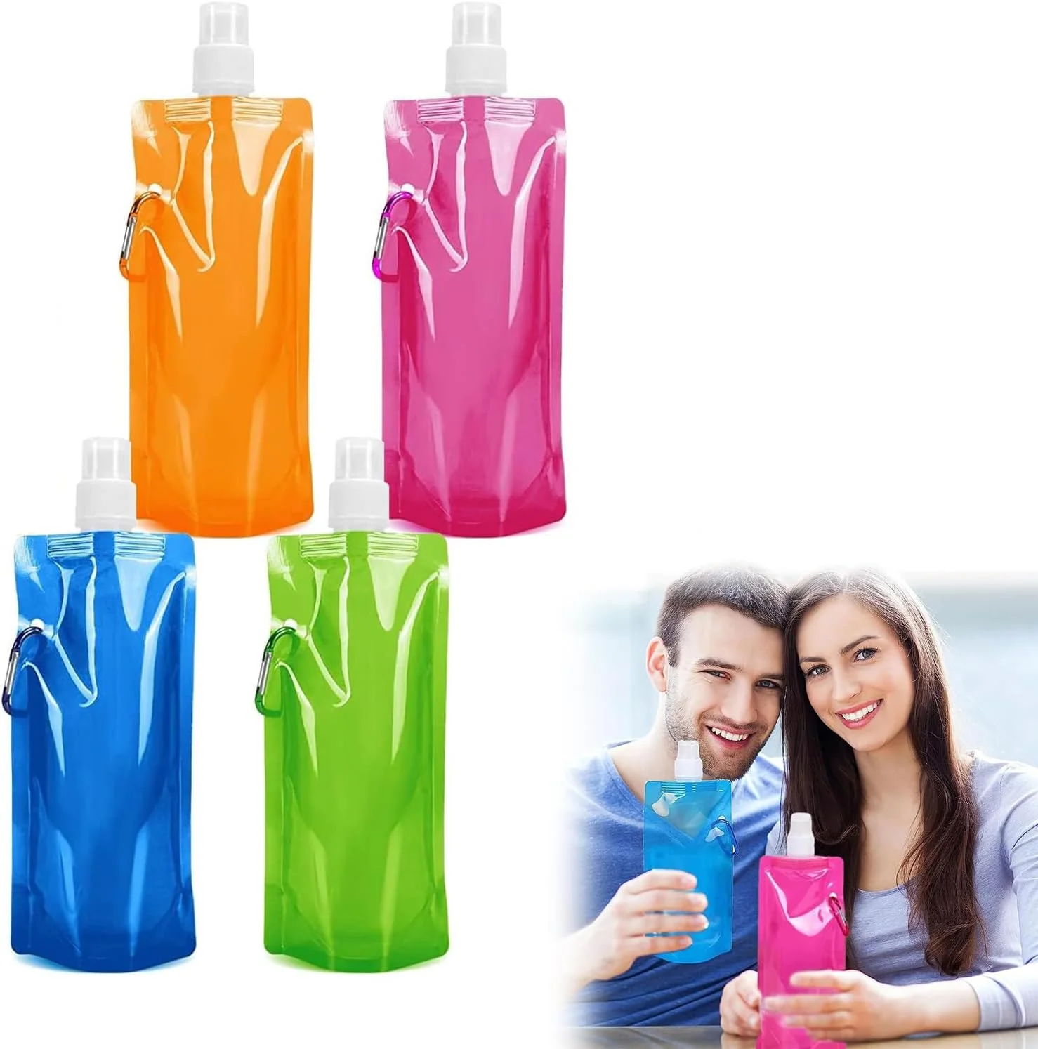 بطری ورزشی تاشو، 4 عدد بطری آب تاشو 480 میلی لیتری، قابل استفاده مجدد، برای ورزش های فضای باز، مسافرت، دوچرخه سواری، پیاده روی، 4 رنگ