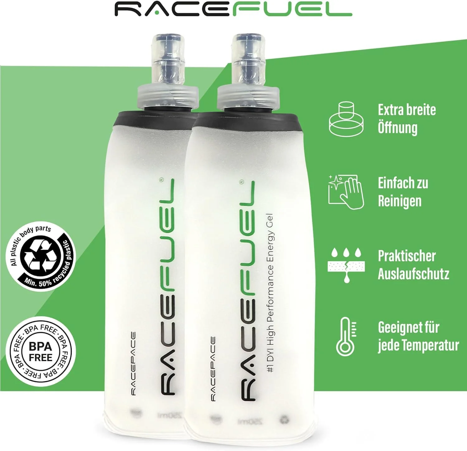 بطری آب تاشو 500 میلی لیتری RaceFuel، قمقمه نرم بدون BPA، با کد QR دستورالعمل ژل انرژی RaceFuel، ایده آل برای دویدن، ماراتن، سه گانه و دوچرخه سواری (3 عدد، 500 میلی لیتر)