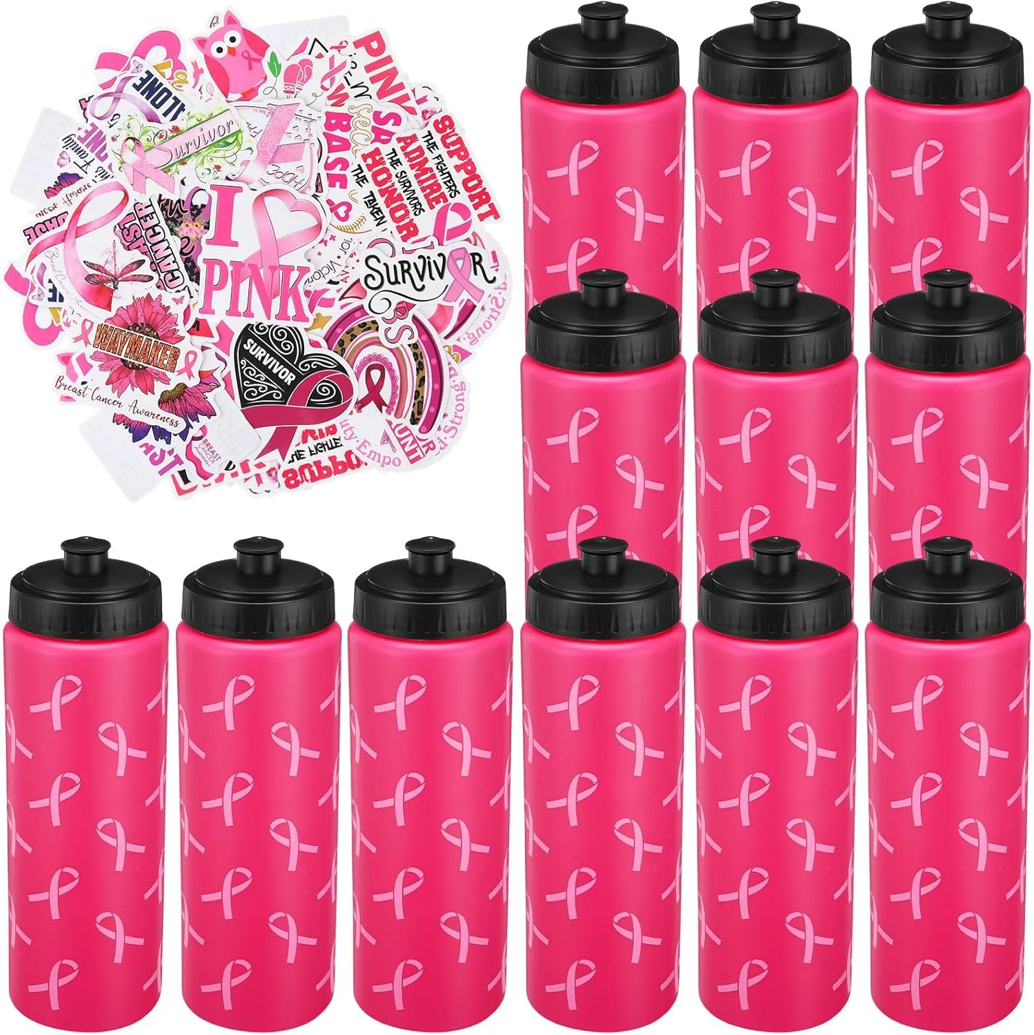 12 عدد بطری آب آگاهی از سرطان سینه، بطری های ورزشی پلاستیکی 500 میلی لیتری با روبان صورتی و استیکر، هدیه برای بانوان (رنگ زیبا)