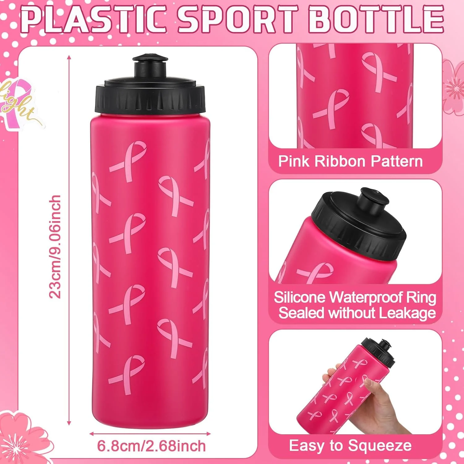 12 عدد بطری آب آگاهی از سرطان سینه، بطری های ورزشی پلاستیکی 500 میلی لیتری با روبان صورتی و استیکر، هدیه برای بانوان (رنگ زیبا)