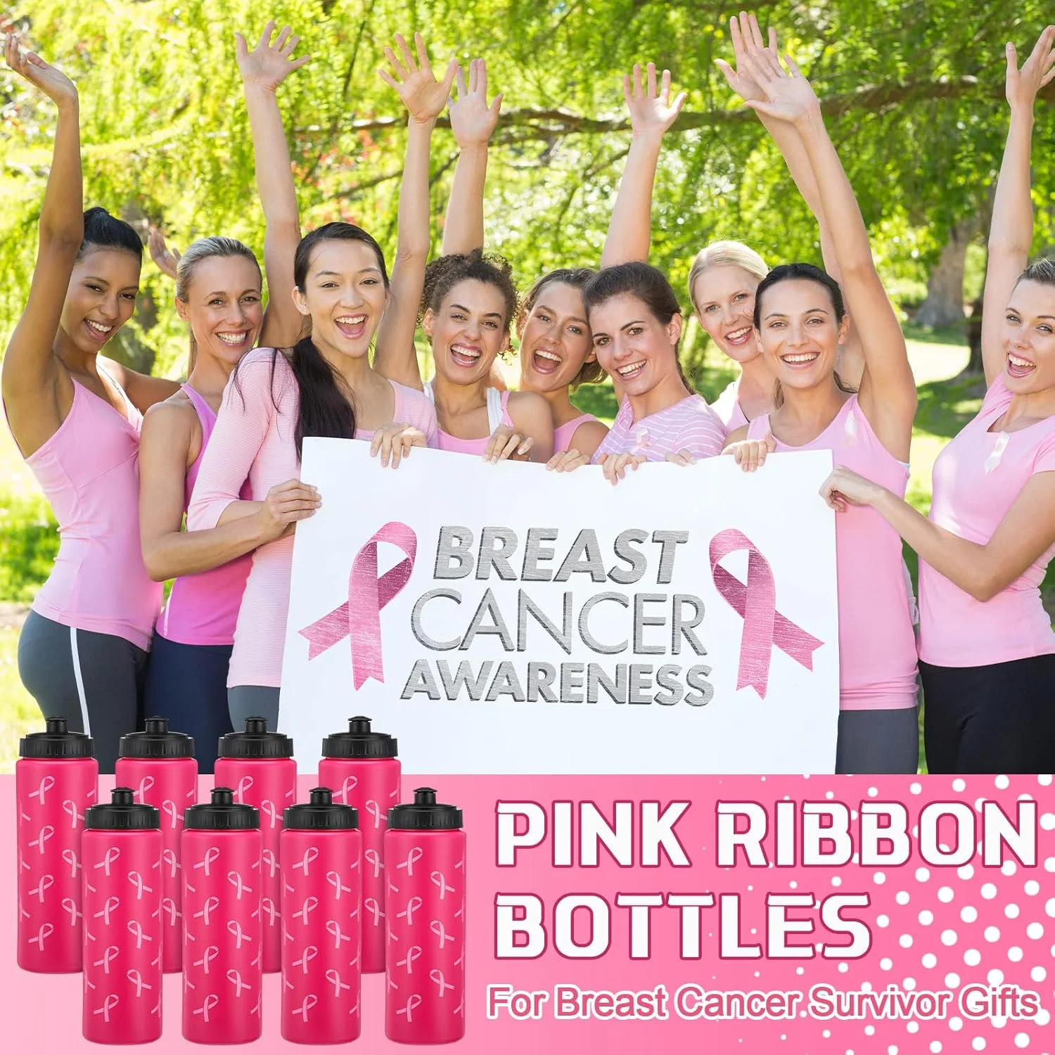 12 عدد بطری آب آگاهی از سرطان سینه، بطری های ورزشی پلاستیکی 500 میلی لیتری با روبان صورتی و استیکر، هدیه برای بانوان (رنگ زیبا)