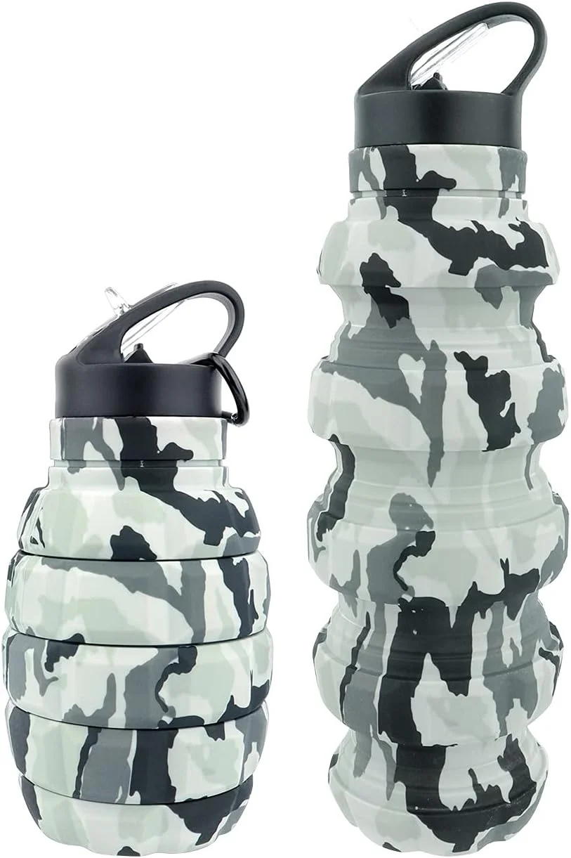 بطری آب تاشو سیلیکونی QiCheng&LYS، نارنجک، بطری آب تاشو 580 میلی لیتر، فاقد BPA، بطری ورزشی ضد نشت، بطری ورزشی با کارابین، برای دوچرخه + برنامه های تمرینی (استتاری)