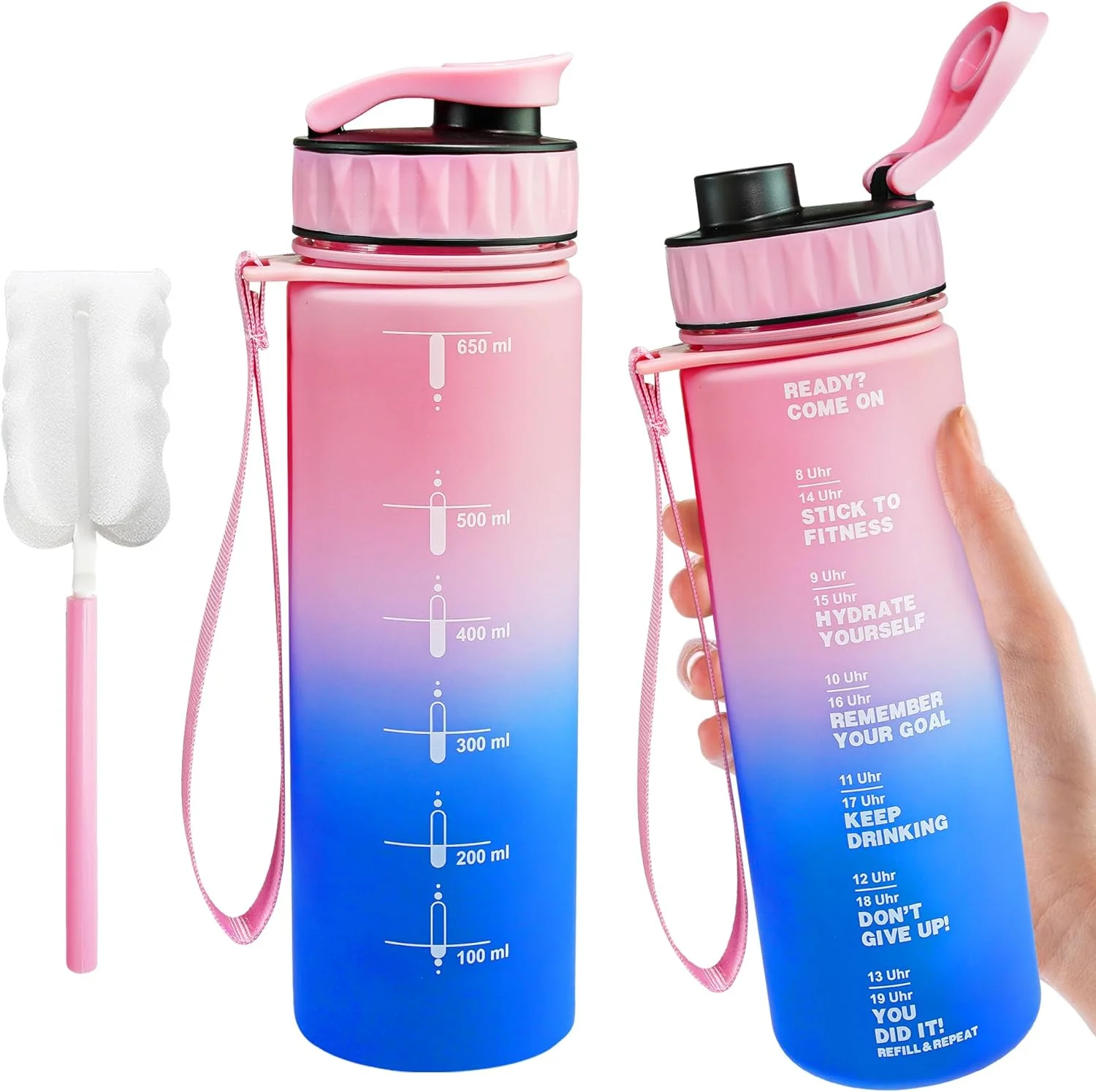 بطری آب انگیزشی با نشانگرهای زمانی، 950 میلی لیتر، پلاستیک شفاف (گرادیان صورتی)