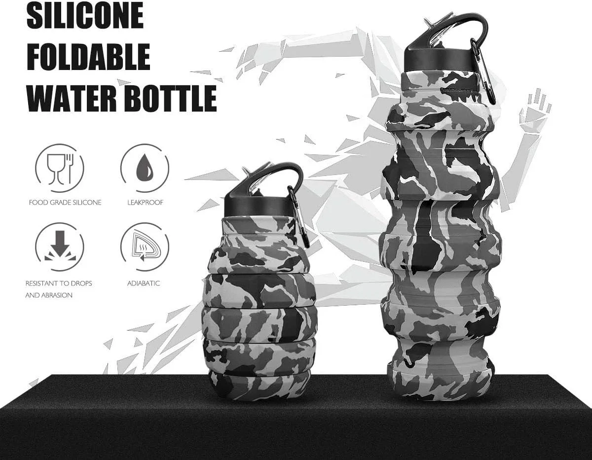 بطری آب تاشو سیلیکونی QiCheng&LYS، نارنجک، بطری آب تاشو 580 میلی لیتر، فاقد BPA، بطری ورزشی ضد نشت، بطری ورزشی با کارابین، برای دوچرخه + برنامه های تمرینی (استتاری)