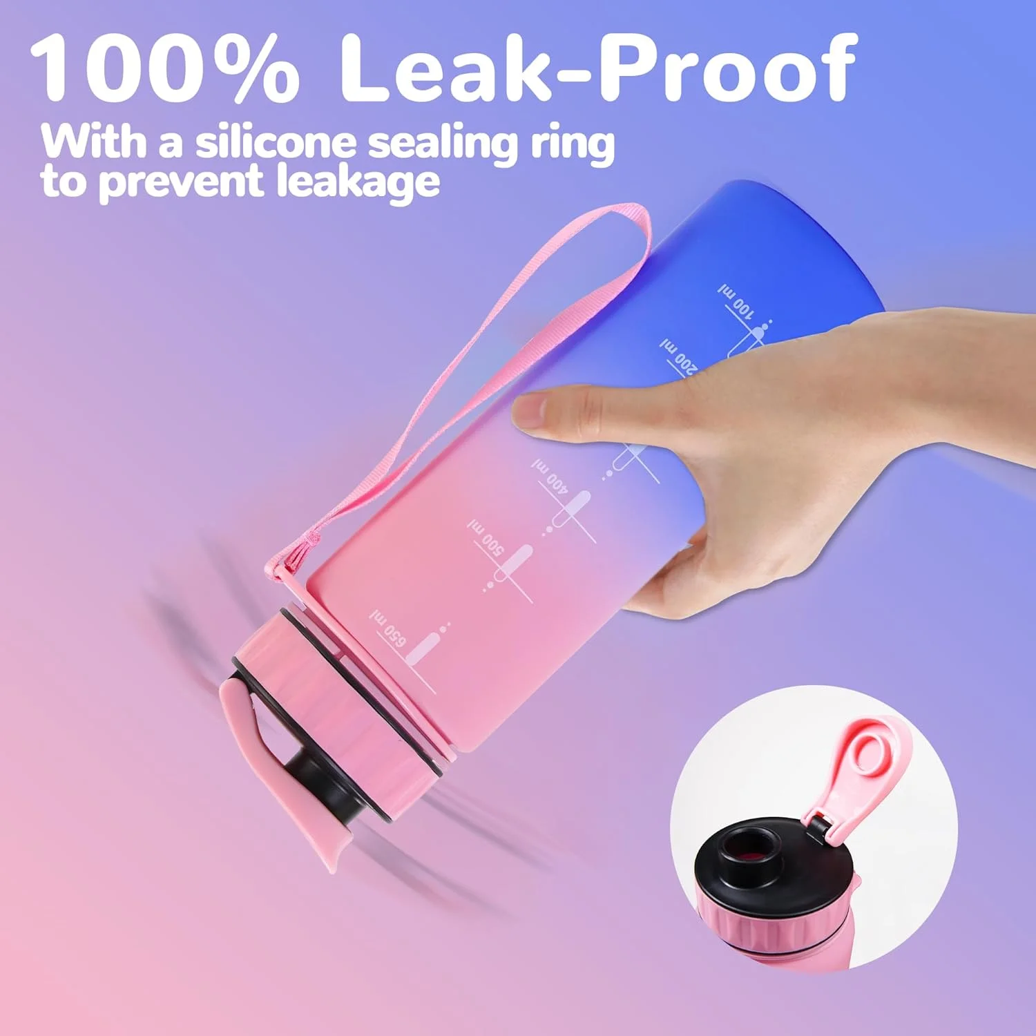 بطری آب انگیزشی با نشانگرهای زمانی، 950 میلی لیتر، پلاستیک شفاف (گرادیان صورتی)