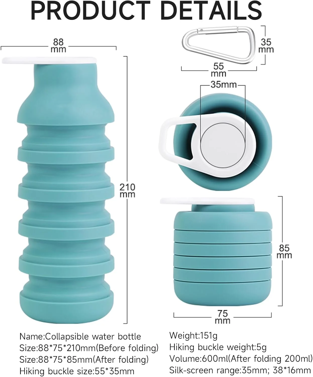 بطری آب تاشو، بطری های آب سیلیکونی تاشو قابل حمل 600 میلی لیتر، سبک وزن، ضد نشت، قابل استفاده مجدد برای مسافرت، کمپینگ، پیاده روی، دوچرخه سواری، یوگا، ورزش، فضای باز (آبی-سبز)