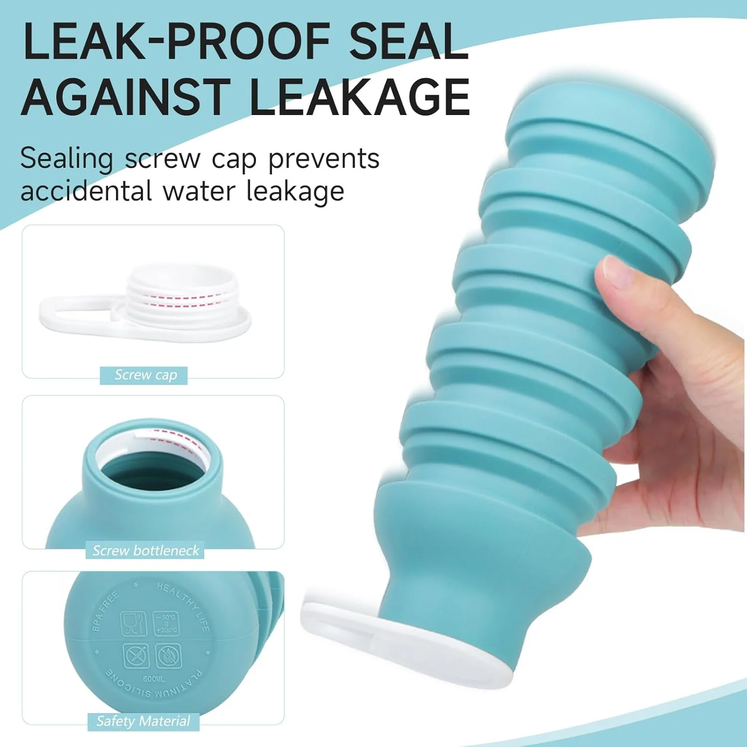 بطری آب تاشو، بطری های آب سیلیکونی تاشو قابل حمل 600 میلی لیتر، سبک وزن، ضد نشت، قابل استفاده مجدد برای مسافرت، کمپینگ، پیاده روی، دوچرخه سواری، یوگا، ورزش، فضای باز (آبی-سبز)