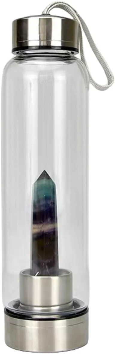 بطری آب شیشه ای کریستالی رنگارنگ، فنجان ورزشی کوارتز تیره با سنگ قیمتی در مرکز، فنجان انرژی منشوری برای تندرستی و شفای طبیعی