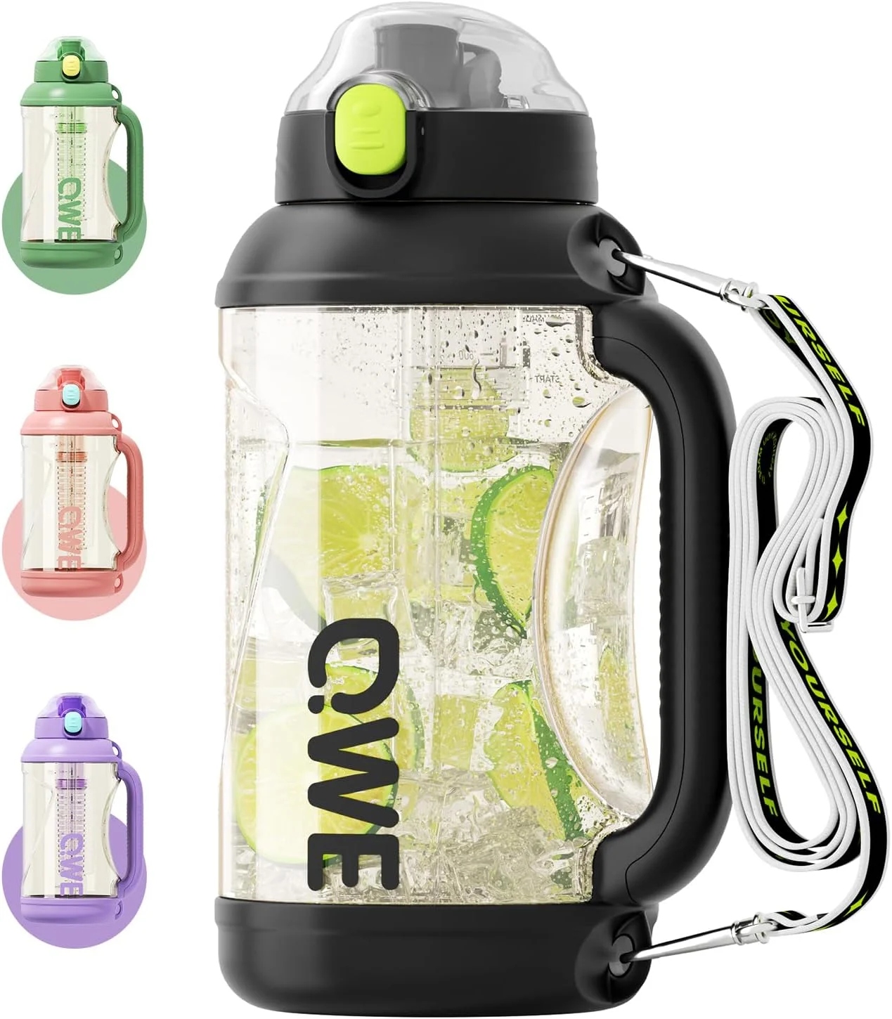 بطری آب ورزشی QWE با ظرفیت بزرگ، دارای دسته و بند نگهدارنده، با ظرفیت بالا، 2000 میلی لیتر، مقاوم در برابر حرارت، قابل استفاده مجدد، فاقد BPA، دارای دو نوع خروجی آب با نی، ضد نشت، مناسب برای مسافرت، مدرسه، فضای باز و کمپینگ