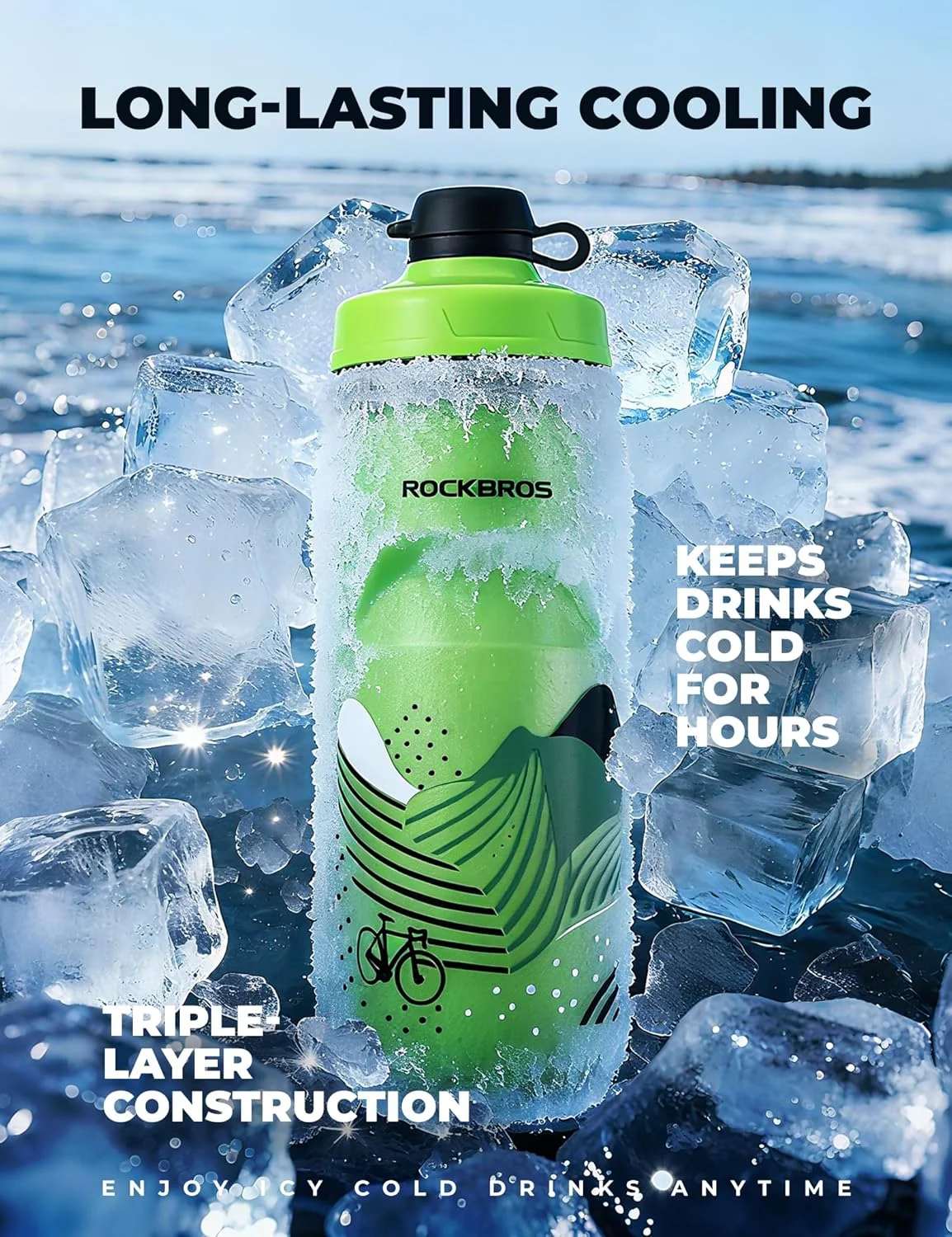 بطری آب ورزشی ROCKBROS PP5 بدون BPA - عایق سرما - سرپستانک سیلیکونی - حفظ سرما - 620 میلی لیتر، سبز