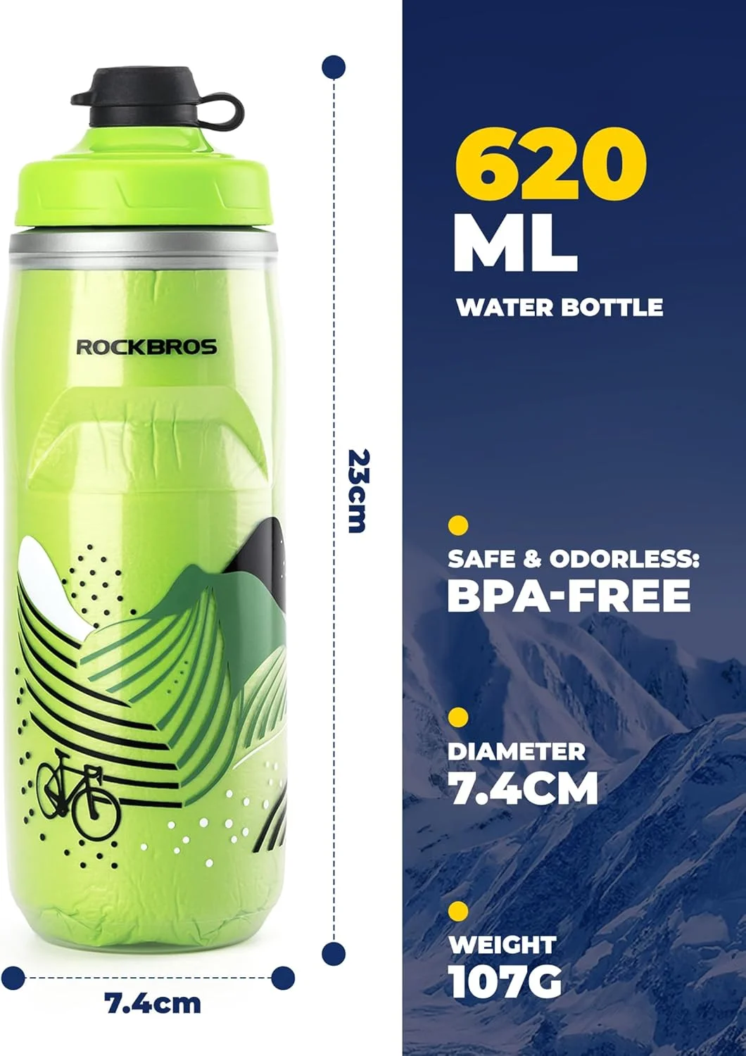 بطری آب ورزشی ROCKBROS PP5 بدون BPA - عایق سرما - سرپستانک سیلیکونی - حفظ سرما - 620 میلی لیتر، سبز