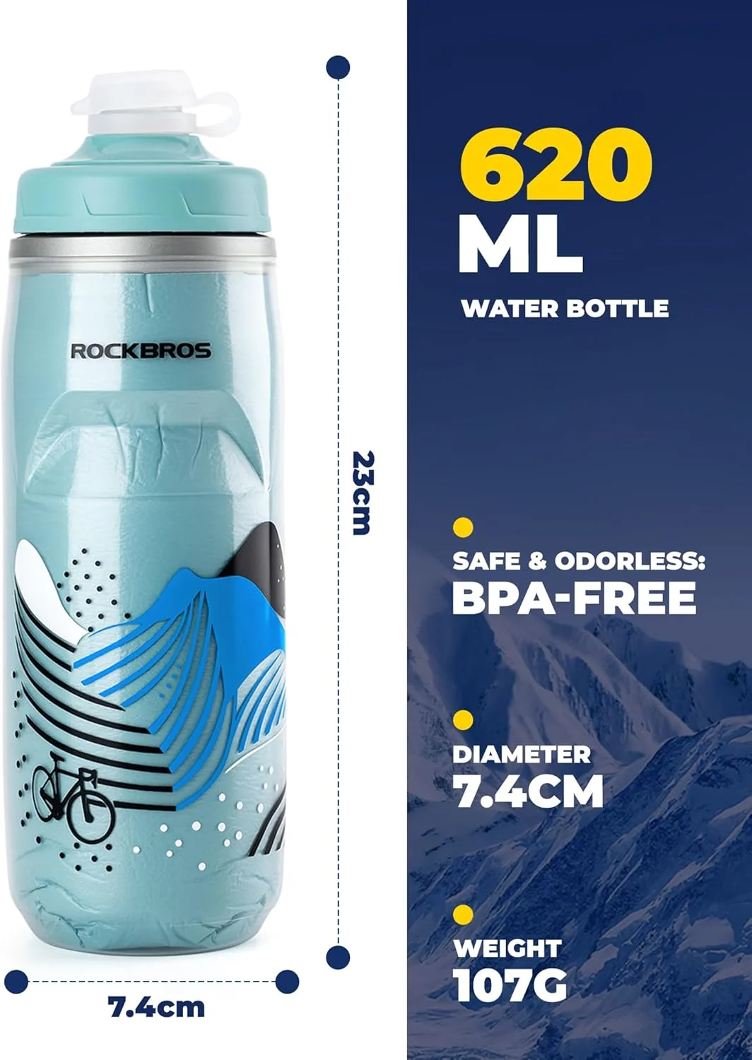 بطری آب ورزشی ROCKBROS PP5 بدون BPA - عایق خنک - سرپستانک سیلیکونی - خنک نگه می دارد - 620 میلی لیتر، آبی بطری آب ورزشی ROCKBROS PP5 بدون BPA - عایق خنک - سرپستانک سیلیکونی - خنک نگه می دارد - 620 میلی لیتر، آبی