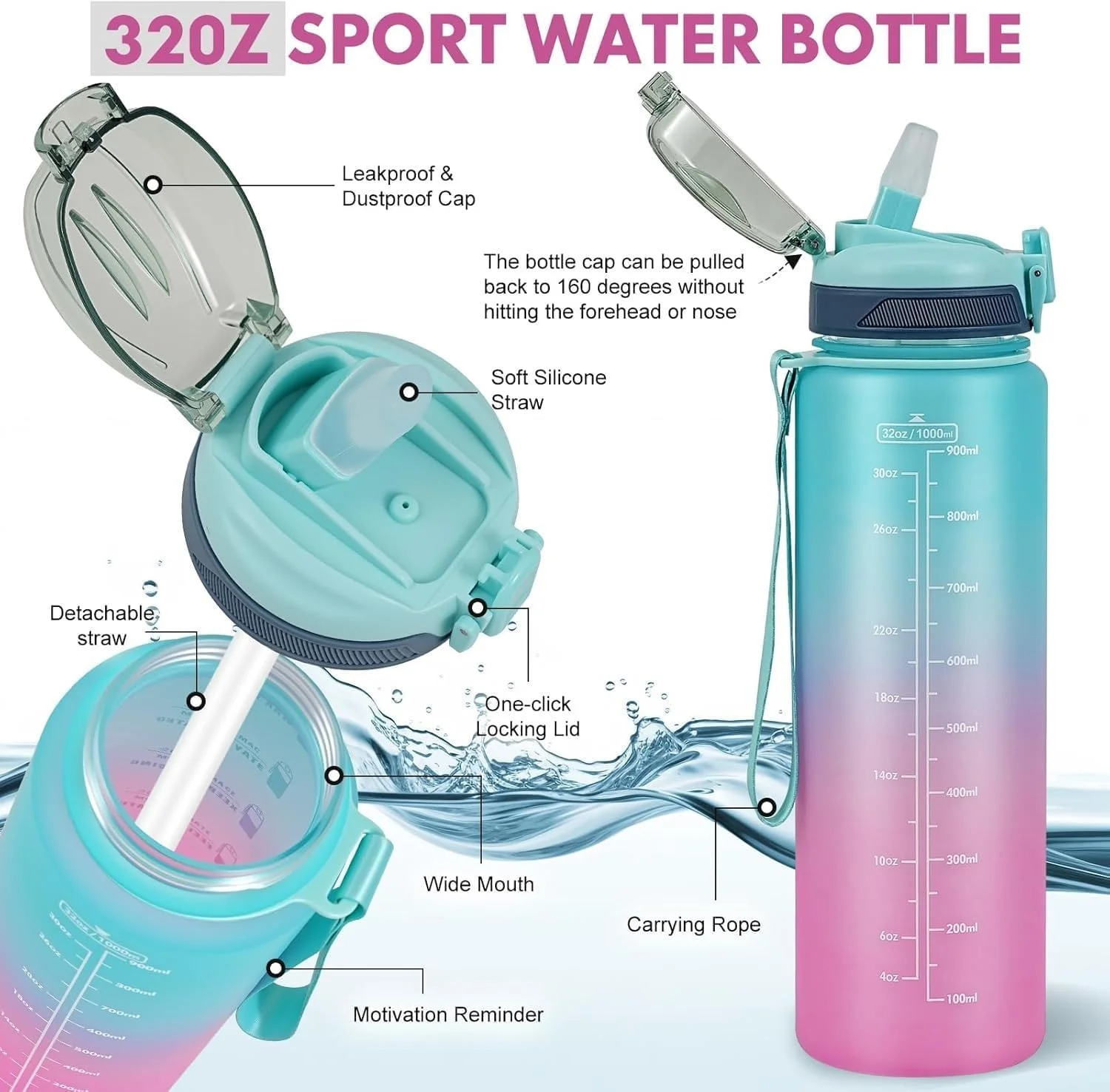 بطری آب نی دار، بطری انگیزه بخش با نشانگر زمان، 1 لیتری، تریتان بدون BPA، بطری ورزشی ضد نشت با بند حمل برای باشگاه، تناسب اندام و فعالیت های خارج از منزل بانوان بطری آب نی دار، بطری انگیزه بخش با نشانگر زمان، 1 لیتری، تریتان بدون BPA، بطری ورزشی ضد نشت با بند حمل برای باشگاه، تناسب اندام و فعالیت های خارج از منزل بانوان