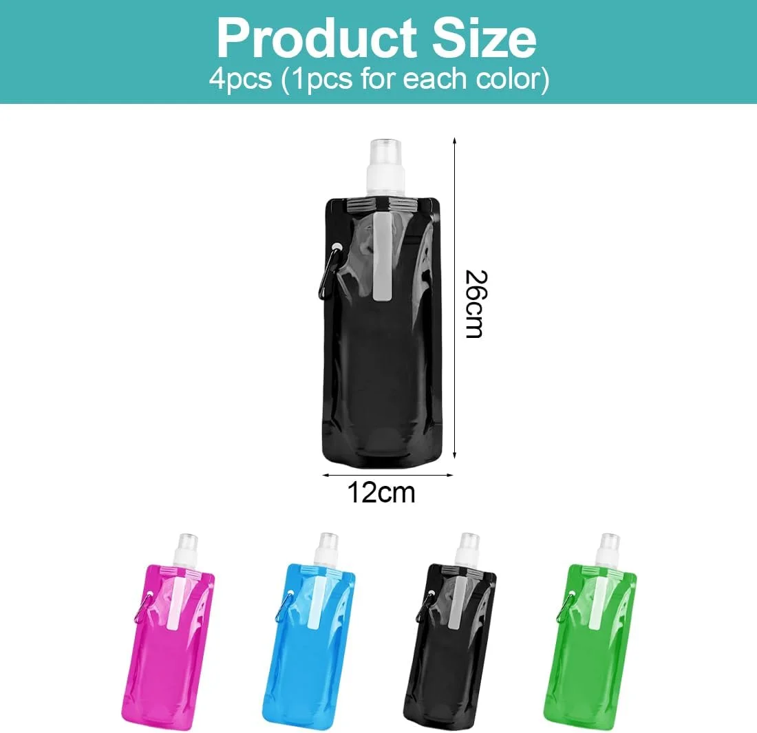 بطری آب تاشو 480 میلی لیتر با کارابین، بطری آب قابل استفاده مجدد برای پیاده روی، مسافرت، دوچرخه سواری، مناسب برای همه، بزرگسالان، بدون BPA، صرفه جویی در فضا و سبک