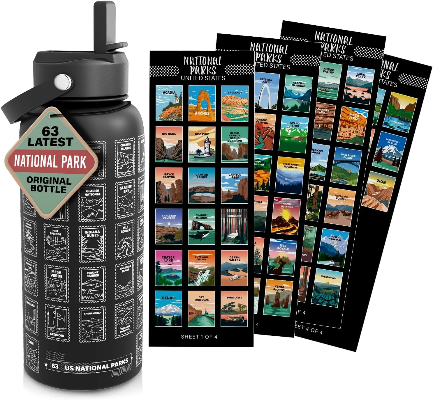 بطری آب پارک ملی با استیکرهای ضد آب دورپیچ - استیل ضد زنگ عایق بندی شده و دارای خلاء 946 میلی لیتری با درب ضد نشت