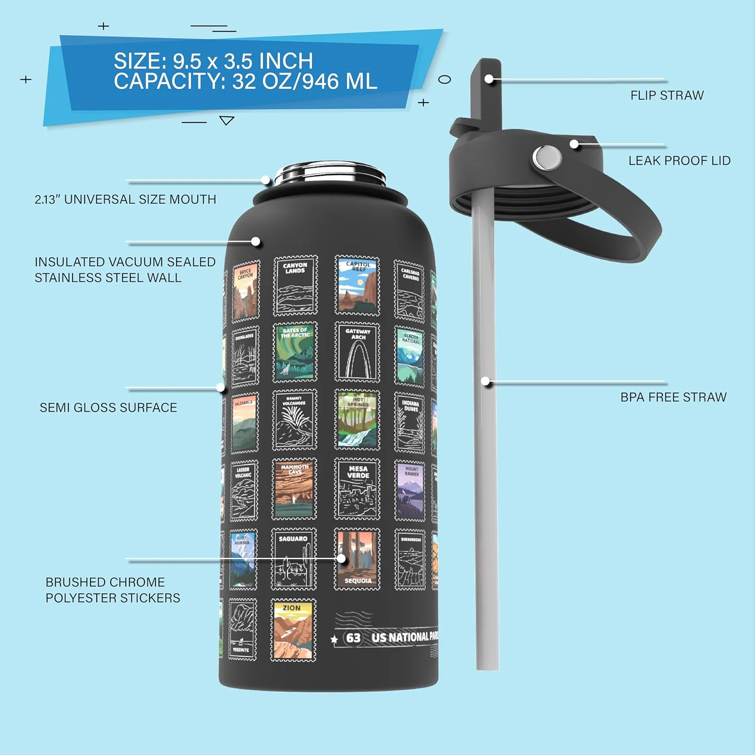 بطری آب پارک ملی با استیکرهای ضد آب دورپیچ - استیل ضد زنگ عایق بندی شده و دارای خلاء 946 میلی لیتری با درب ضد نشت بطری آب پارک ملی با استیکرهای ضد آب دورپیچ - استیل ضد زنگ عایق بندی شده و دارای خلاء 946 میلی لیتری با درب ضد نشت