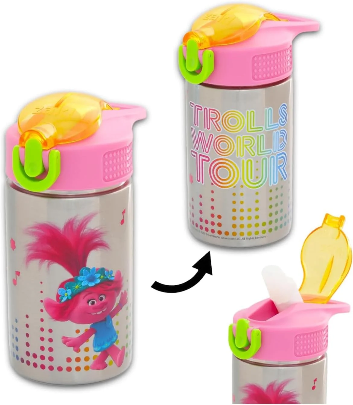 بطری آب استیل Zak Designs Trolls 2، دارای درب با عملکرد یک دست و حلقه حمل داخلی، بطری آب کودکانه با نی، مناسب برای کودکان (460 میلی لیتر، 18/8، بدون BPA) بطری آب استیل Zak Designs Trolls 2، دارای درب با عملکرد یک دست و حلقه حمل داخلی، بطری آب کودکانه با نی، مناسب برای کودکان (460 میلی لیتر، 18/8، بدون BPA)