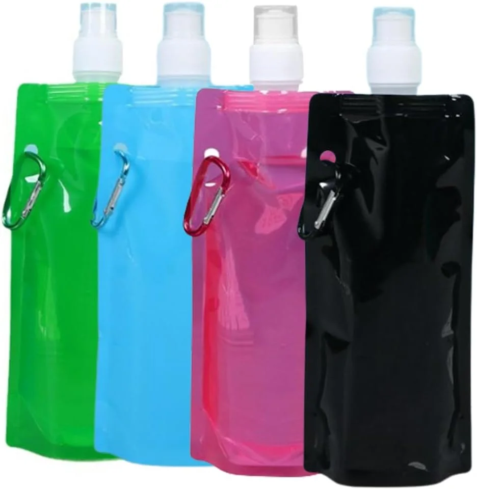 بطری ورزشی تاشو 4 عددی، بطری آب تاشو 480 میلی لیتری، کیسه نوشیدنی قابل استفاده مجدد برای ورزش های فضای باز، دوچرخه سواری، کمپینگ، پیاده روی، مسافرت، بطری نوشیدنی تاشو (مشکی+آبی آسمانی+قرمز گل رز+سبز)