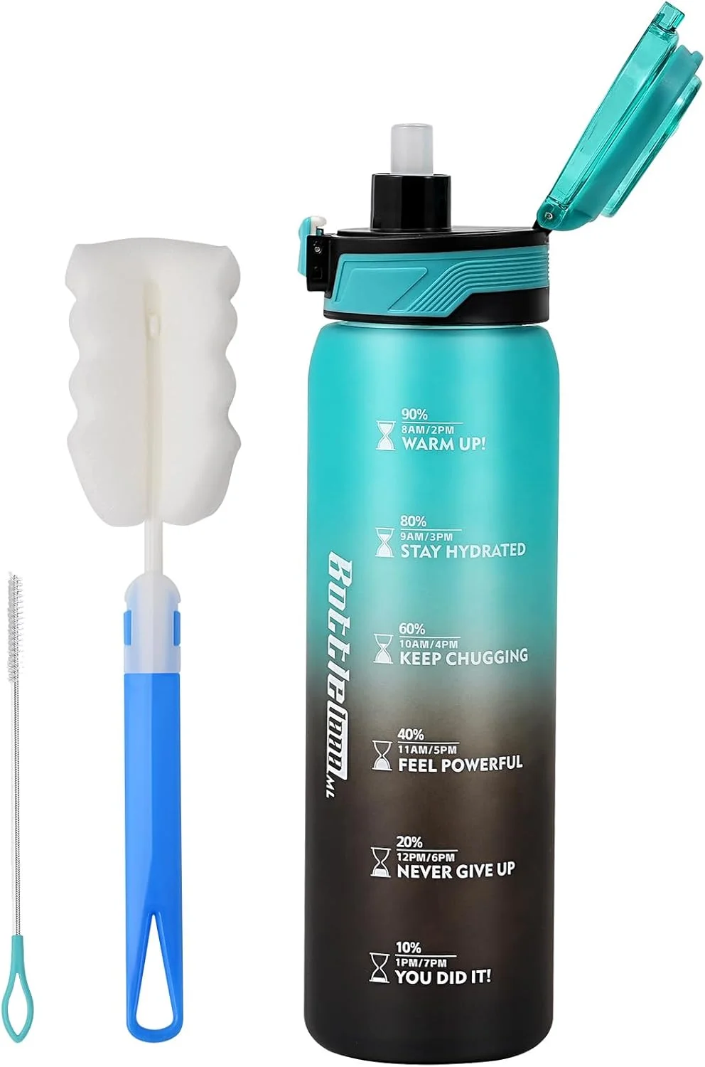 بطری آب 1 لیتری با نی، بطری نوشیدنی ورزشی ضد نشت، بطری آب 1 لیتری با نشانگر زمان بدون BPA، بطری آب برای بزرگسالان برای باشگاه، دفتر، مسافرت، دوچرخه سواری (آبی فیروزه ای مشکی)