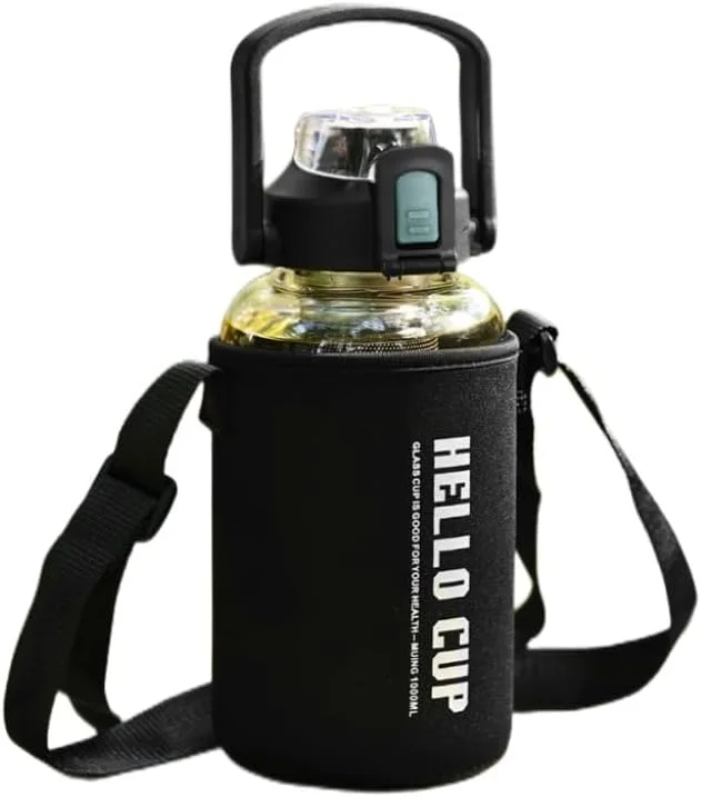 بطری آب شیشه ای 946 میلی لیتری - بطری آب شیشه ای شفاف با صافی چای استیل ضد زنگ، پیمانه مدرج حجمی، آستین ضد ضربه ورزشی و نی قابل جابجایی (مشکی، 946 میلی لیتر)