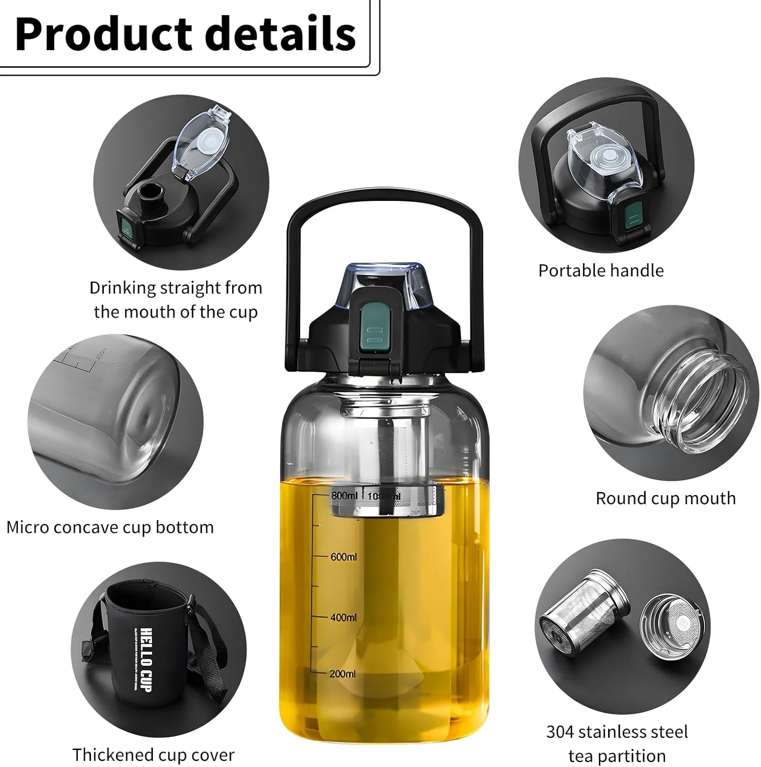 بطری آب شیشه ای 946 میلی لیتری - بطری آب شیشه ای شفاف با صافی چای استیل ضد زنگ، پیمانه مدرج حجمی، آستین ضد ضربه ورزشی و نی قابل جابجایی (مشکی، 946 میلی لیتر) بطری آب شیشه ای 946 میلی لیتری - بطری آب شیشه ای شفاف با صافی چای استیل ضد زنگ، پیمانه مدرج حجمی، آستین ضد ضربه ورزشی و نی قابل جابجایی (مشکی، 946 میلی لیتر)