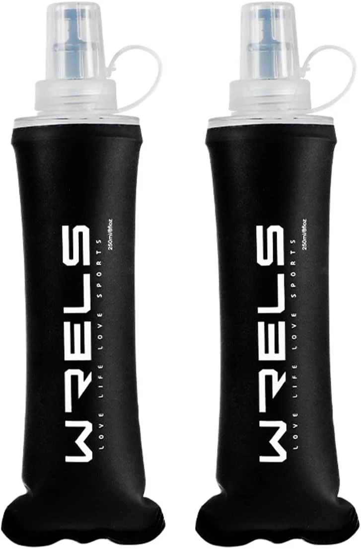 قمقمه تاشو نرم WRELS، بطری آب سبک و قابل حمل برای ورزش های فضای باز و مسافرت، به همراه درپوش دهانی (250 میلی لیتر - بسته 2 عددی - مشکی)