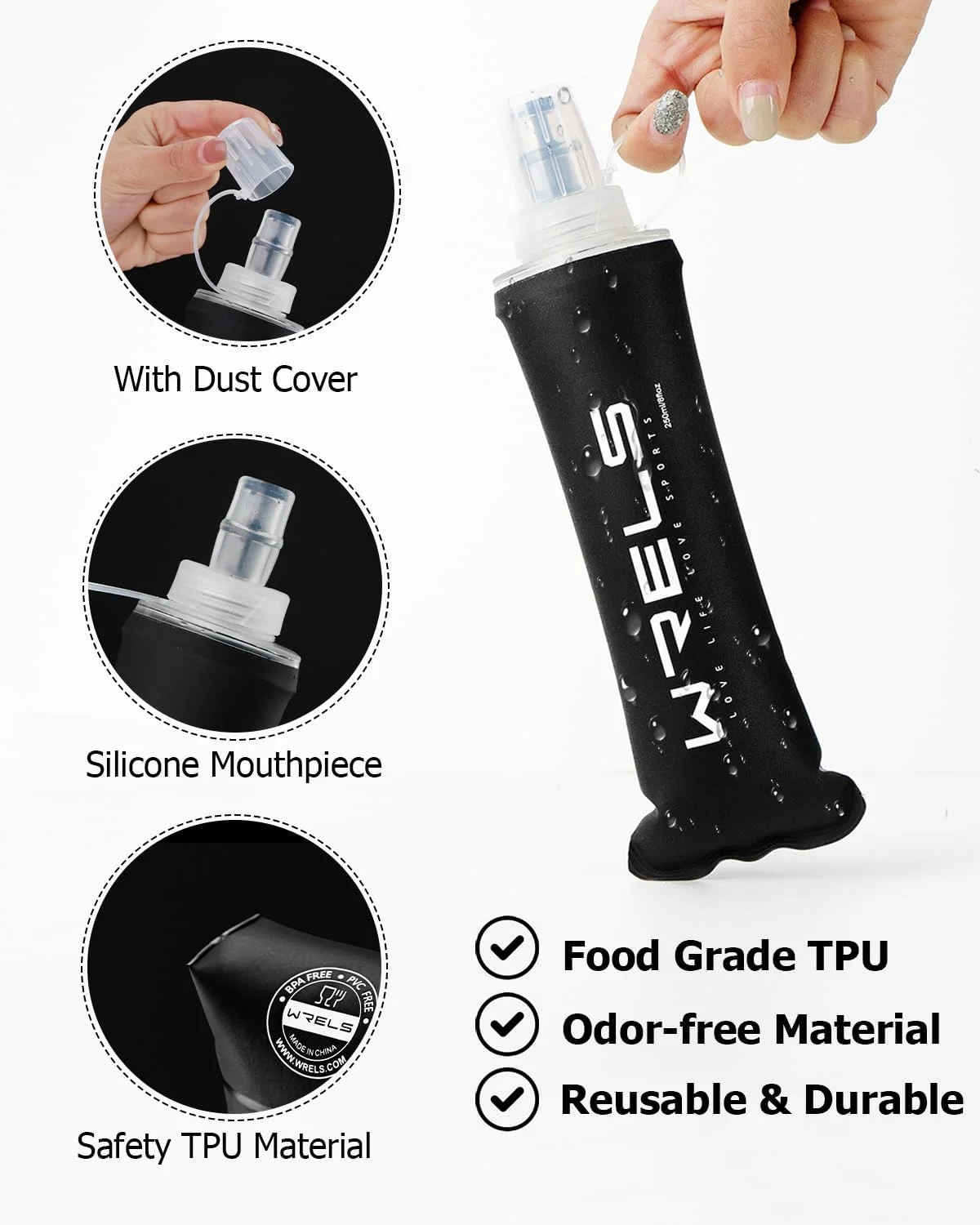 قمقمه تاشو نرم WRELS، بطری آب سبک و قابل حمل برای ورزش های فضای باز و مسافرت، به همراه درپوش دهانی (250 میلی لیتر - بسته 2 عددی - مشکی) قمقمه تاشو نرم WRELS، بطری آب سبک و قابل حمل برای ورزش های فضای باز و مسافرت، به همراه درپوش دهانی (250 میلی لیتر - بسته 2 عددی - مشکی)