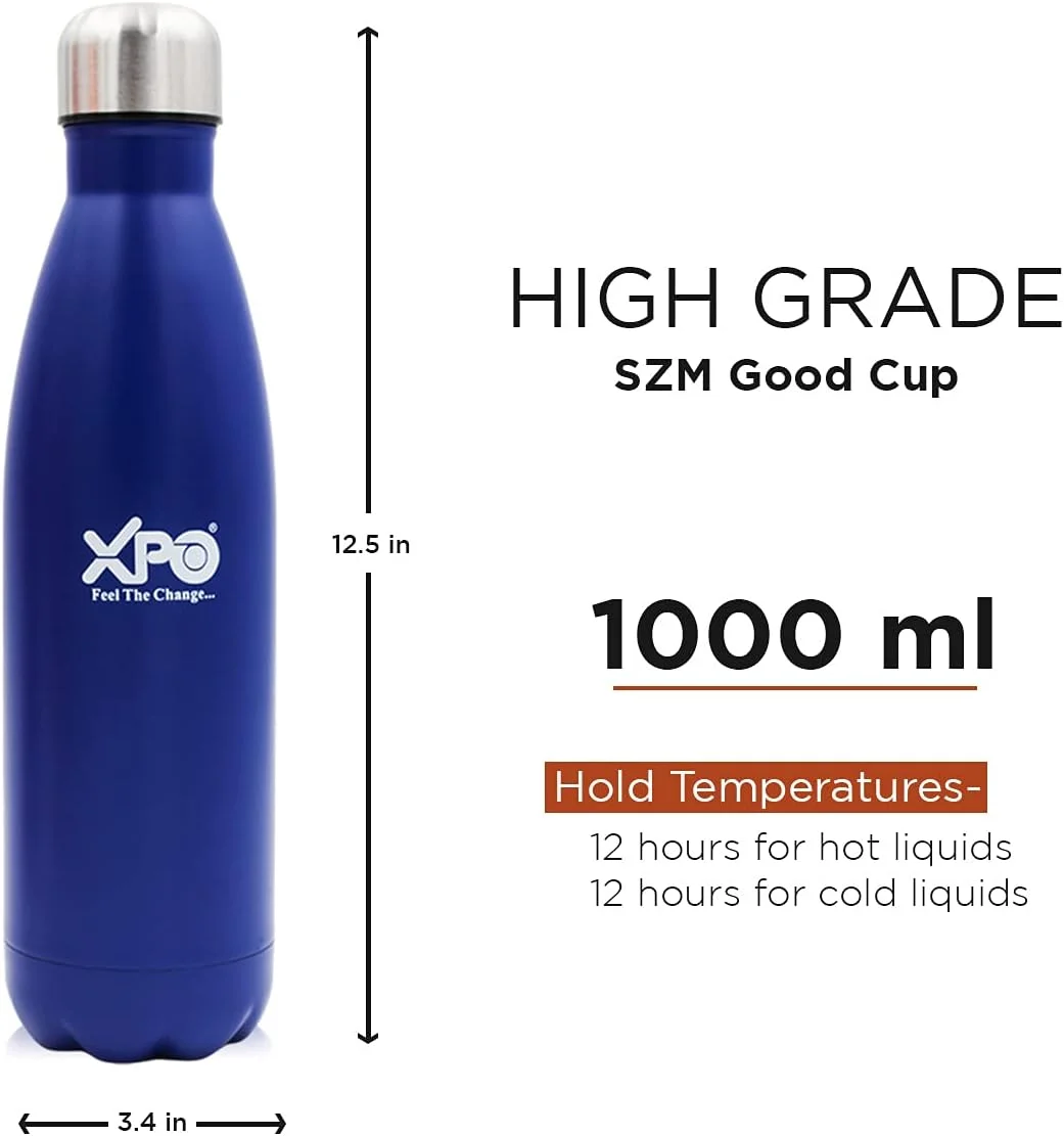 فلاسک استیل ضد زنگ XPO | نگهداری 12 ساعته برای نوشیدنی های گرم یا سرد | روکش مات (آبی، 1000 میلی لیتر)