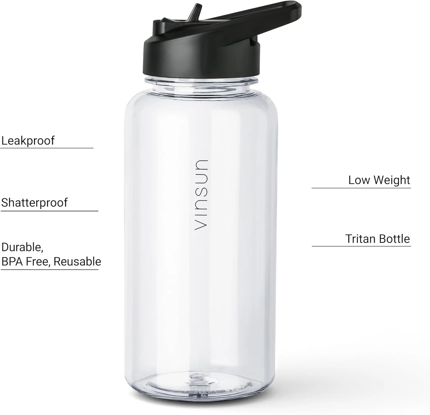 بطری ورزشی وینسون 1 لیتری با درب نی دار - تریتان، بدون BPA، ضد نشت - بطری آب شفاف - بطری آب سبک وزن برای ورزش، فضای باز، مدرسه، دوچرخه، باشگاه