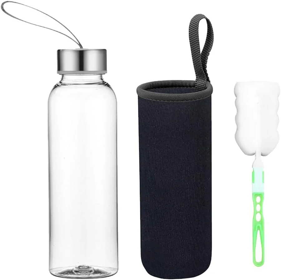 بطری آب شیشه ای وویج، بدون BPA، بطری کلاسیک 550 میلی لیتری با کیف نایلونی، مناسب برای ماشین، مسافرت، ورزش، بطری آب ساخته شده از شیشه