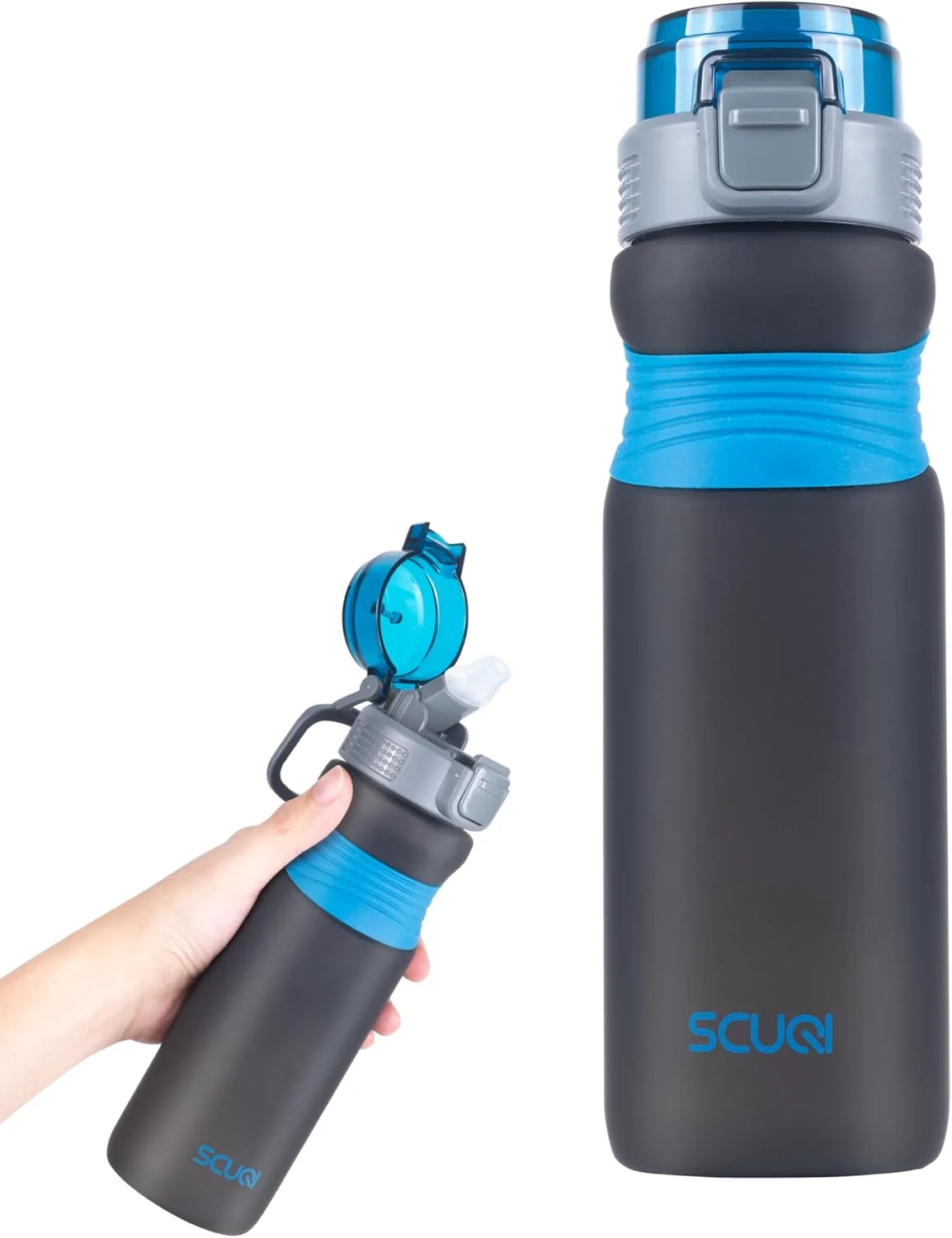 بطری آب Bottled Joy با نی، 800 میلی لیتر، بدون BPA، بطری آب انگیزشی با نشانگر زمان، قمقمه ورزشی، بطری نوشیدنی با سگک ضد نشت برای تناسب اندام (خاکستری-آبی)