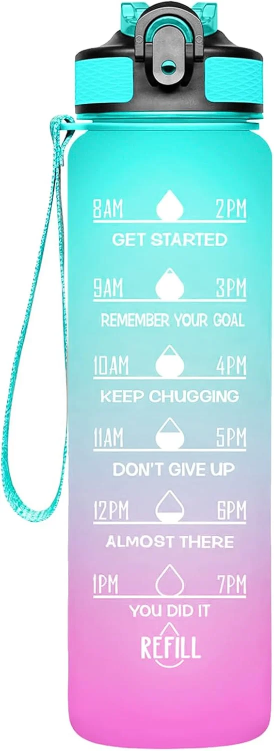 بطری آب ورزشی 950 میلی لیتری با نشانگر زمان، بدون BPA، ضد نشت، مناسب باشگاه، پیاده روی، دوچرخه سواری و کمپینگ (I)
