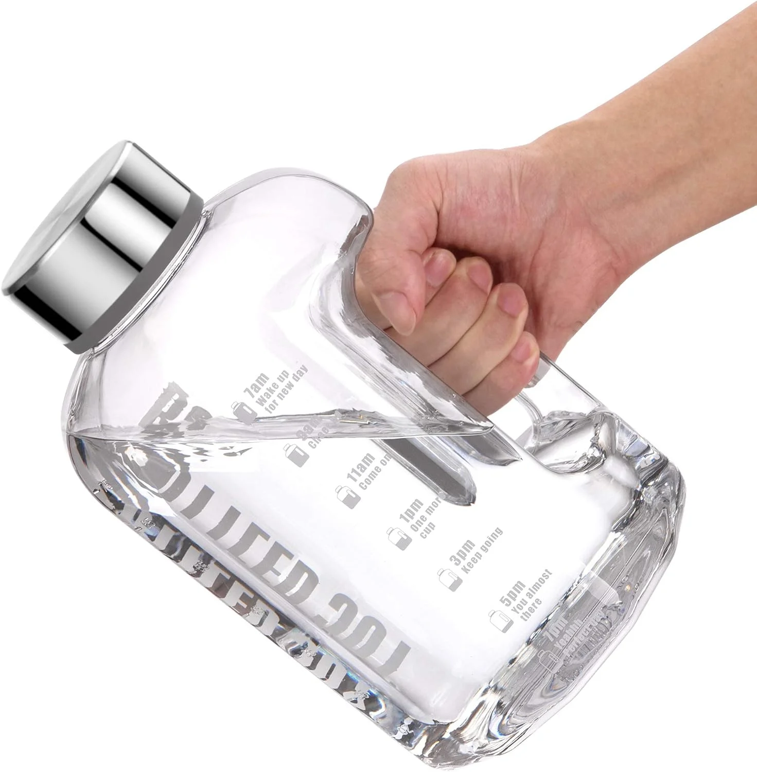 بطری آب ونرلی 2.2 لیتری ورزشی با نشانگر زمان - بدون BPA، قمقمه بزرگ ضد نشت با دسته، بادوام و قابل استفاده مجدد برای باشگاه، تمرین، پیاده روی، مسافرت، دفتر، مدرسه (شفاف)