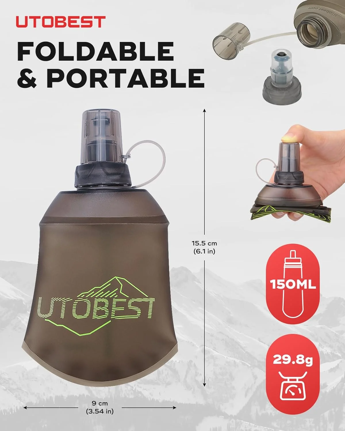 قمقمه آب نرم 150 میلی لیتری UTOBEST - قمقمه نرم تاشو - ضد نشت، تاشو، TPU درجه مواد غذایی، بدون BPA، تمیز کردن آسان، قمقمه آب دستی برای پیاده روی، دوچرخه سواری، کوهنوردی، ماراتن قمقمه آب نرم 150 میلی لیتری UTOBEST - قمقمه نرم تاشو - ضد نشت، تاشو، TPU درجه مواد غذایی، بدون BPA، تمیز کردن آسان، قمقمه آب دستی برای پیاده روی، دوچرخه سواری، کوهنوردی، ماراتن