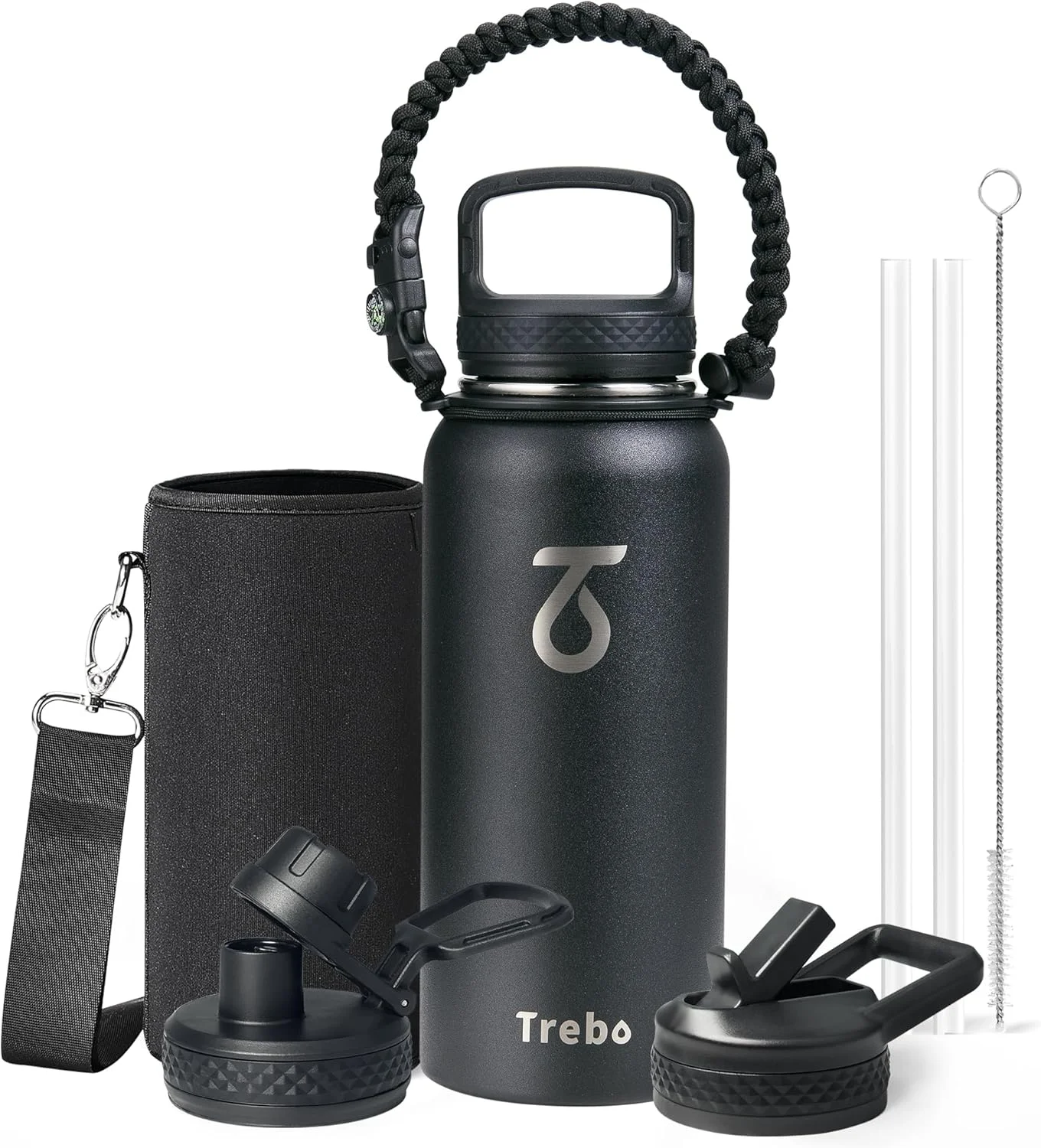 بطری آب ترِبو ۹۴۶ میلی لیتری با دسته طنابی، دهانه گشاد، عایق بندی شده، استیل ضد زنگ دو جداره، فلاسک ورزشی بزرگ، نگهداری آب گرم تا ۲۴ ساعت و آب سرد تا ۴۸ ساعت، قمقمه آب با ۳ درب، مشکی