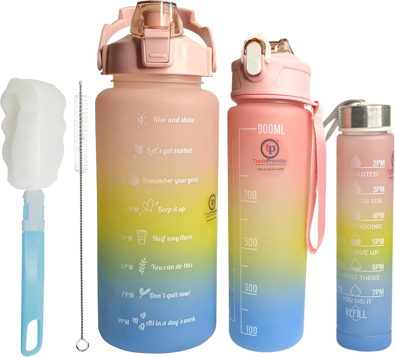 بطری آب TradeProvider® (بسته 3 عددی هلویی) بدون BPA، 2 لیتری، 900 میلی لیتری، 300 میلی لیتری با درب ضد نشت، نی، برس، نشانگر زمان، (3 طیف رنگی هلویی)