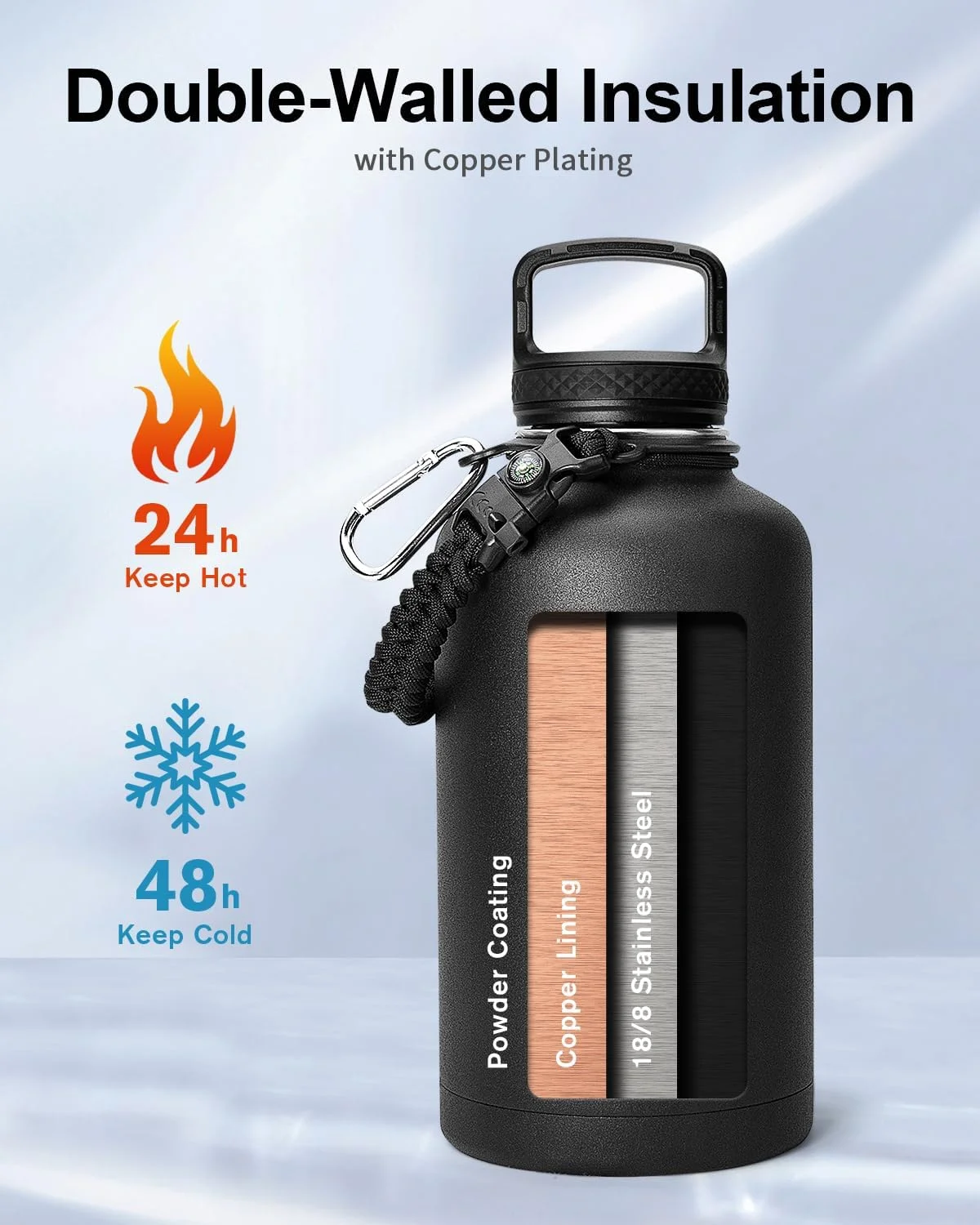 بطری آب نیم گالن Trebo با دسته طناب پاراکورد، دهانه گشاد 64 اونسی، استیل ضد زنگ دو جداره عایق، فلاسک ورزشی بزرگ، نگهداری آب گرم تا 24 ساعت و سرد تا 48 ساعت، قمقمه آب با 3 درب، مشکی بطری آب نیم گالن Trebo با دسته طناب پاراکورد، دهانه گشاد 64 اونسی، استیل ضد زنگ دو جداره عایق، فلاسک ورزشی بزرگ، نگهداری آب گرم تا 24 ساعت و سرد تا 48 ساعت، قمقمه آب با 3 درب، مشکی