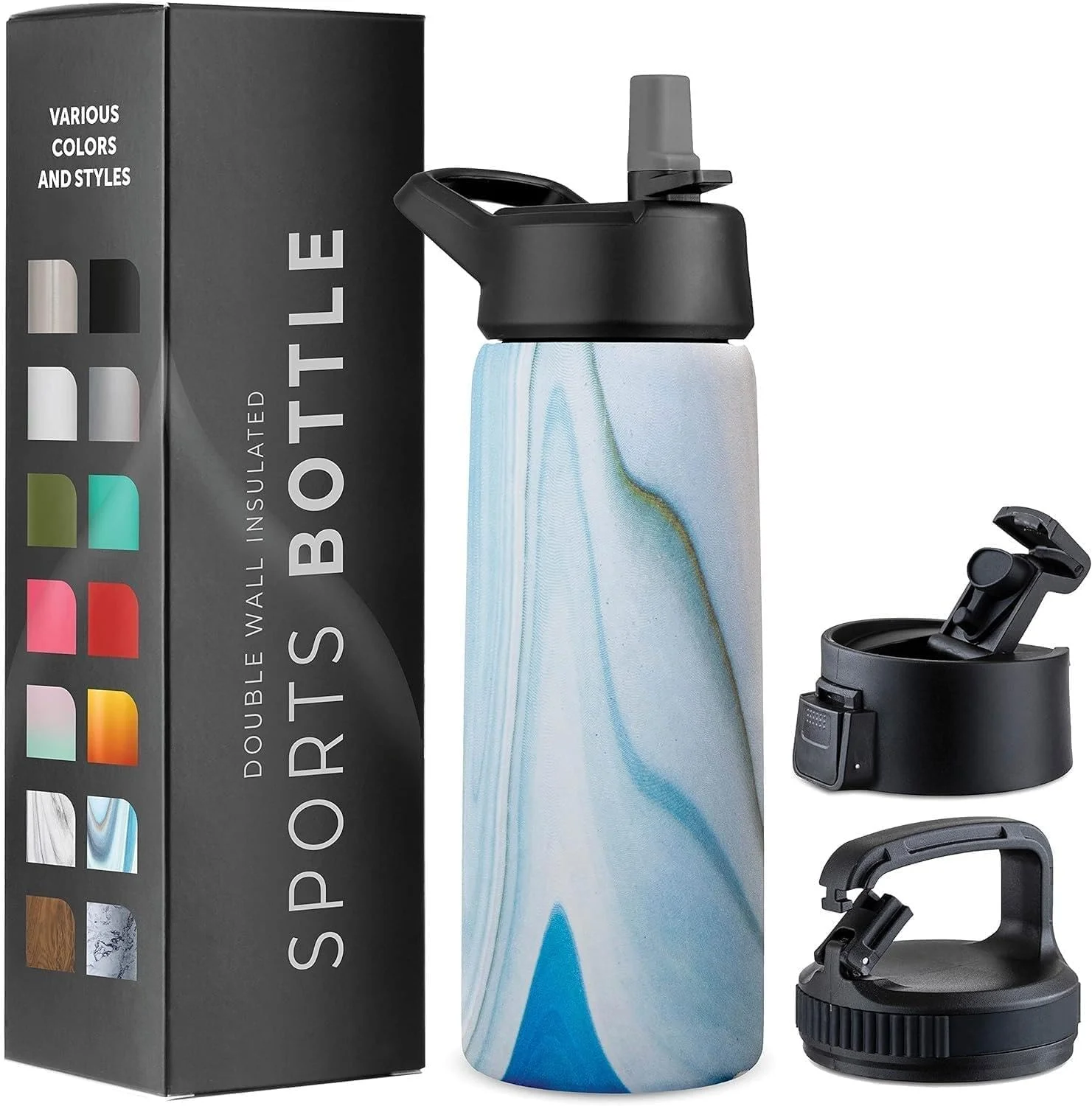 بطری آب سه جداره عایق بندی شده با نی - بطری فلزی استیل ضد زنگ با 3 درب ضد نشت - برای مسافرت، مدرسه، ورزش، باشگاه / مردان، زنان و کودکان (مرمر آبی نفیس، 750 میلی لیتر)